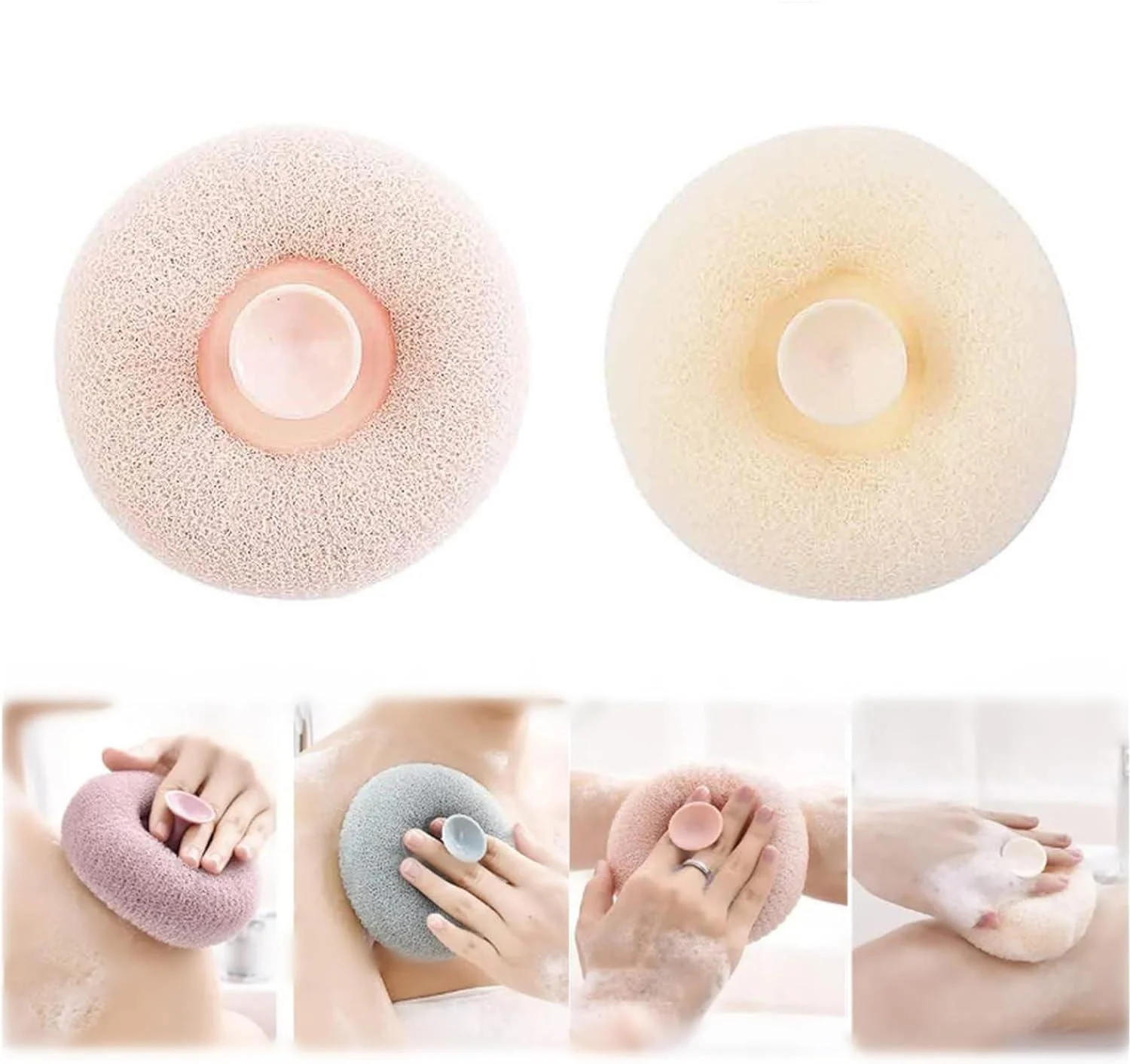 2 Pcs Bath Sponge Cleaning Brush Bath Loofah Sponge Body Sponge with Suction Cup Massage Bath Sponge Balls Super Soft Exfoliating Bath Sponge Cleaning Massage Bath Ball - (Beige + Pink)