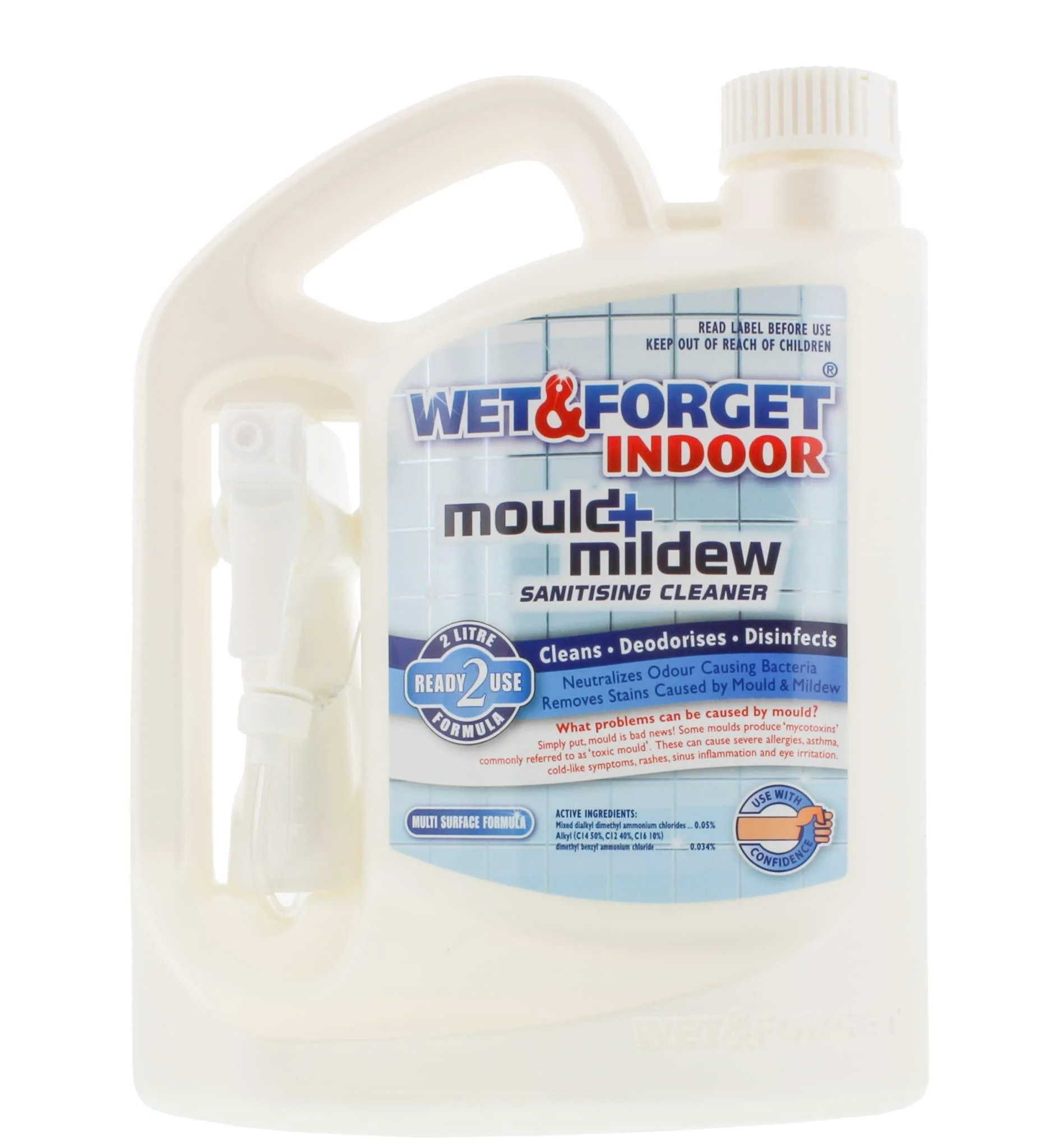 Wet & Forget Indoor Mould & Mildew Sanitising Cleaner 2 Litre Disinfectants & Deodorises Bleach Free Trigger Gun Attached