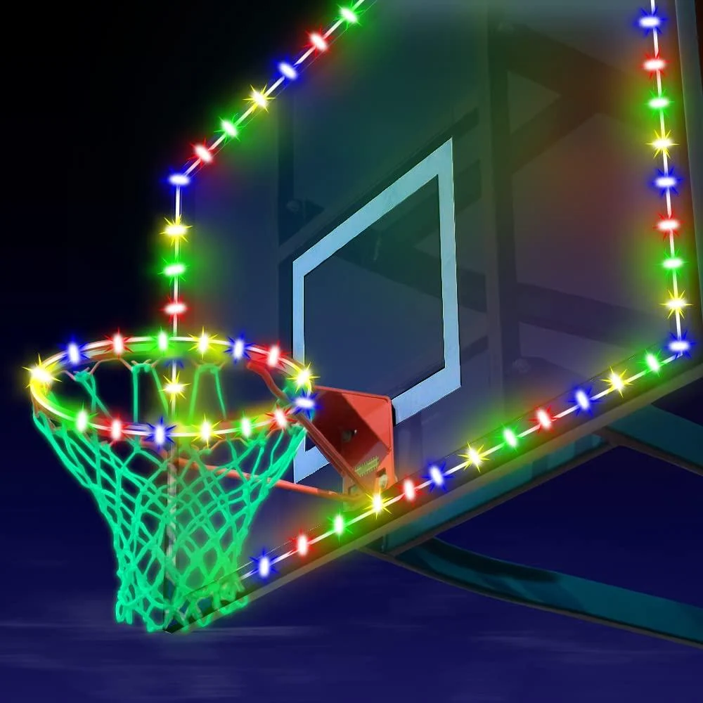 I0DO Led Basketball Hoop Light Rim and Backboard Outdoor with Remote,Light Up Basketball Rim Light,Basketball Goal Light,Led Lights Glow in The Dark Football Goalposts/Soccer Goal 100 led 16ft Waterproof String Light