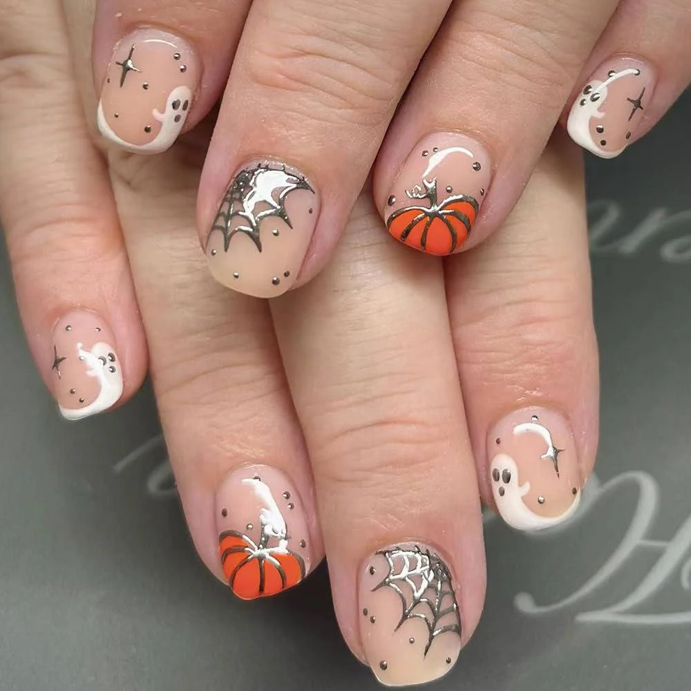 24 Pcs Halloween Press on Nails Short Square Nails Design Pumpkin Ghost Fake Nails with Glue Silver Spider Web Ghost Acrylic Nails Supply Halloween Full Cover False Nails Glue on Nails for Women Short Halloween Nails 1 - KTAABTR