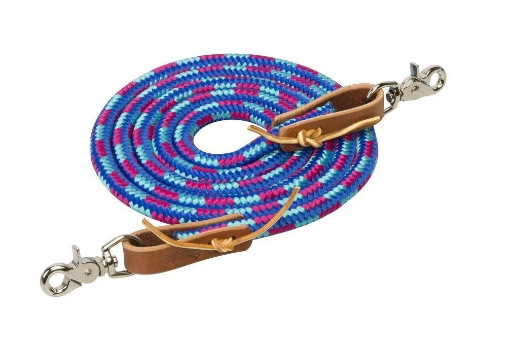 WEAVER Leather Drawstring Reins 5/8" x 8' Dazzling Blue/Light Rose/Turquoise