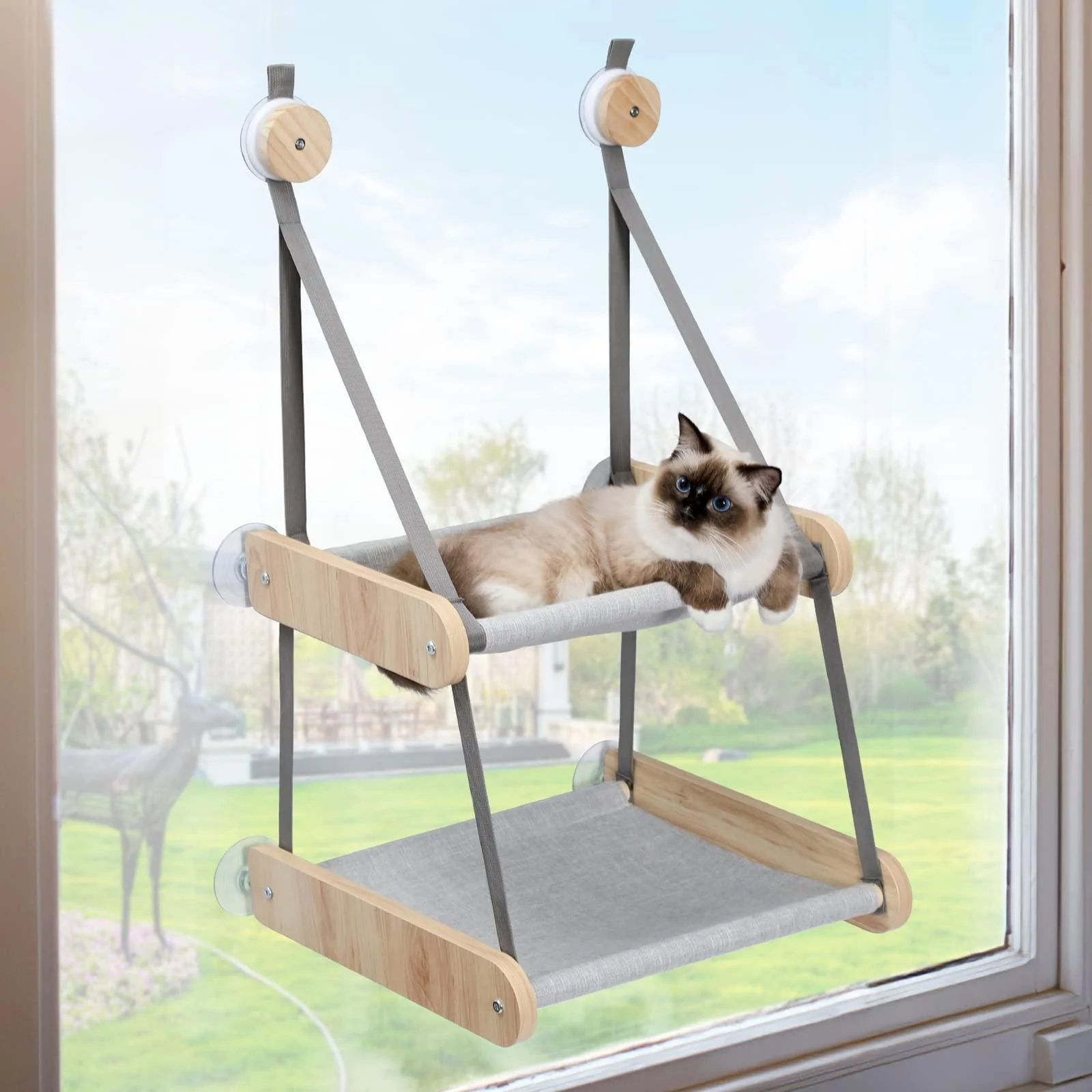 PEQULTI Cat Window Perch, Double Layered Cat Window Hammock,Window Mounted Cat Seat Cat Bed for Indoor Cats UPGRADE