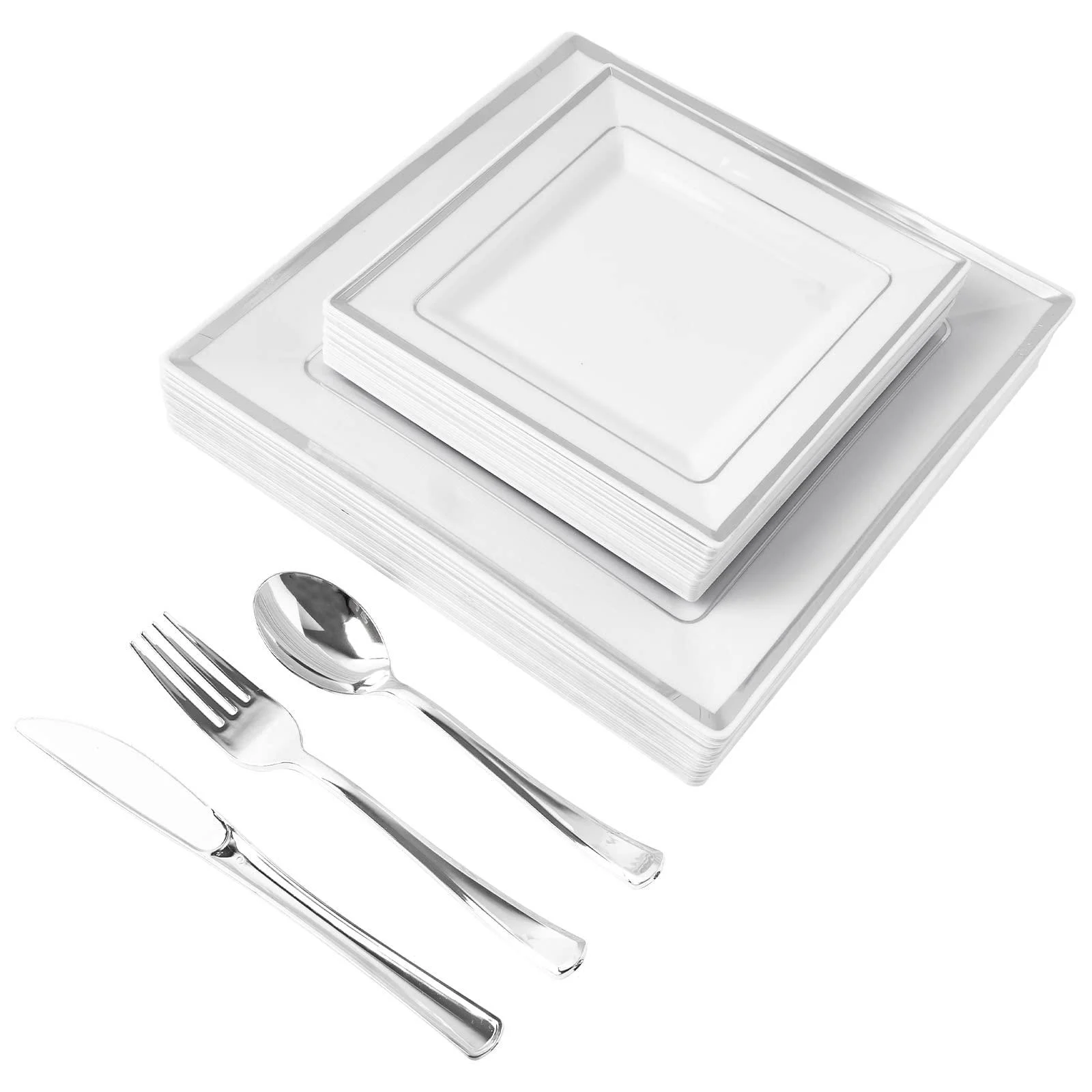 125 Pieces Silver Square Plastic Plates with Silver Rim & Disposable Silverware - include 25 pcs 9.5inch Dinner Plates 25 pcs 6.6inch Dessert Plates 25 Forks 25 Knives 25 Spoons for weddings and parties