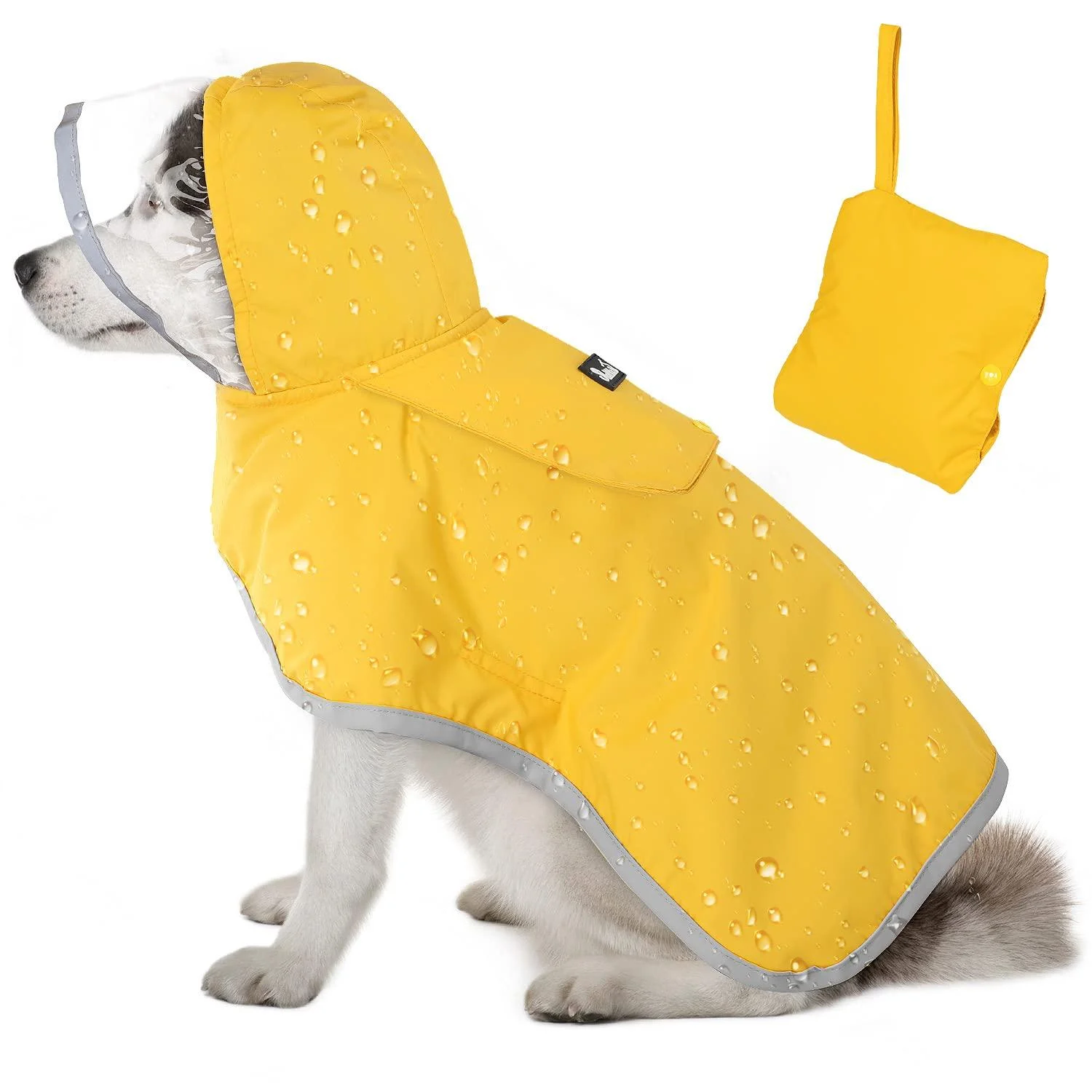 Slowton raincoat dog waterproof transparent double -layer rain jacket dog with hood for small medium and large dogs dog rain coat with reflective strip and storage bag l yellow