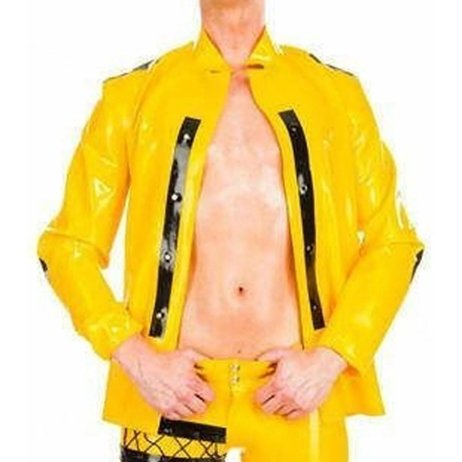 VIYOLI Latex Jacket with Buttons at Front Trims at Elbow Rubber Coat Top Yellow With Black X-Small