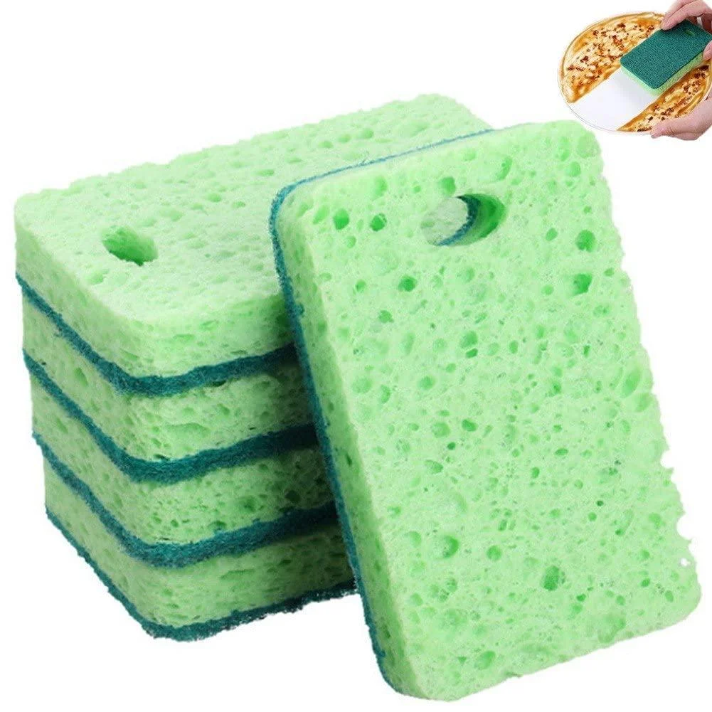 5pcs Compressed Wood Pulp Sponge Dishwashing Sponges Kitchen Dish Scrubber Cleaning Brush Scouring Pad Cleaning Tools - Danlai