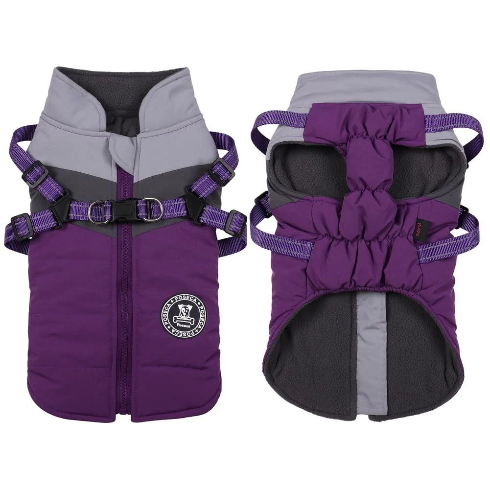 Poseca Dog Coat Winter Puppy Coats Dog Winter Coat Dog Harness Coat Small Dog Harness Puppy Jacket Vest Clothes Reflective Waterproof Dog Coats with Harness for Small Medium Dogs S Purple