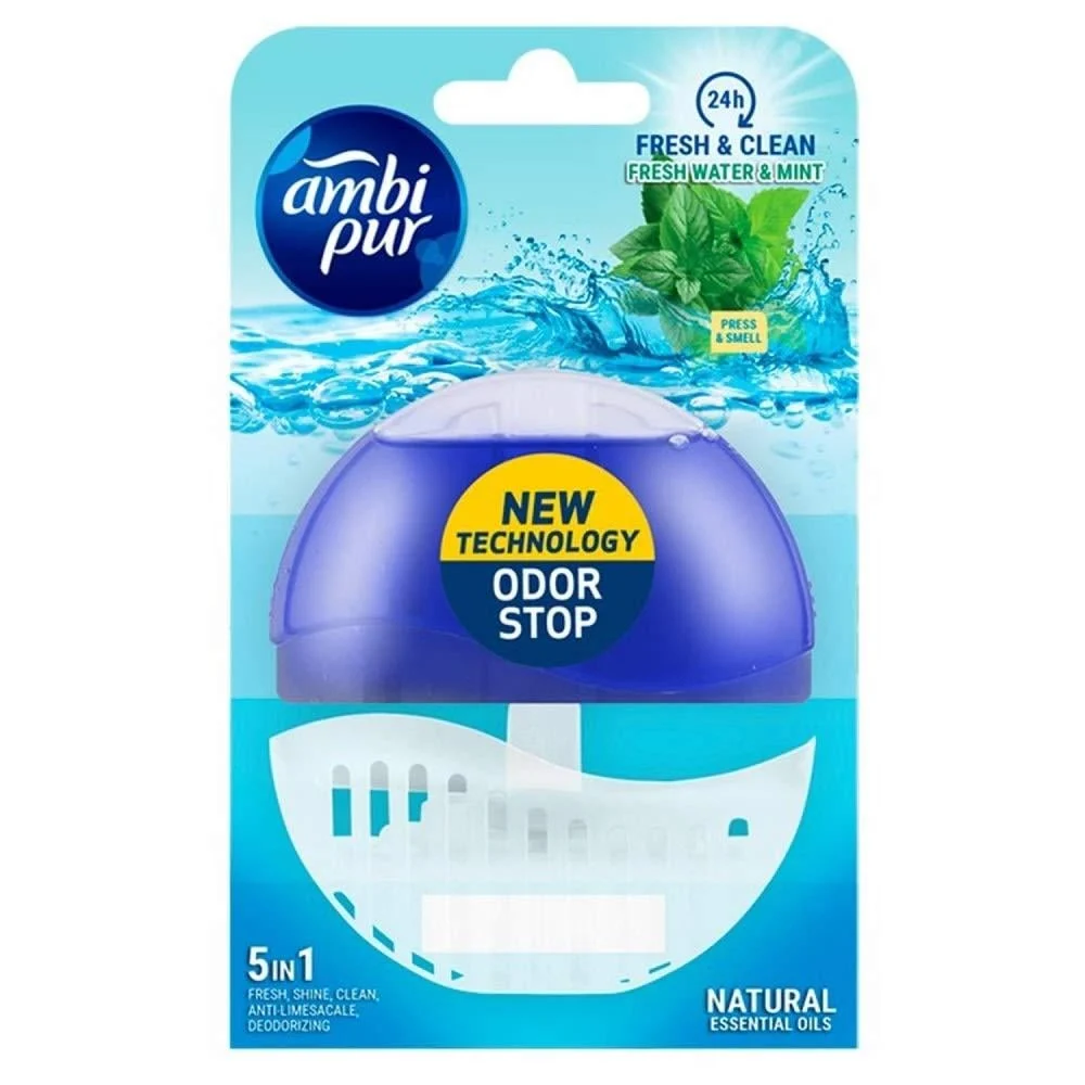 Ambi Pur 6 pieces toilet block holder + refill pack 55ml - Fresh Water & Mint.