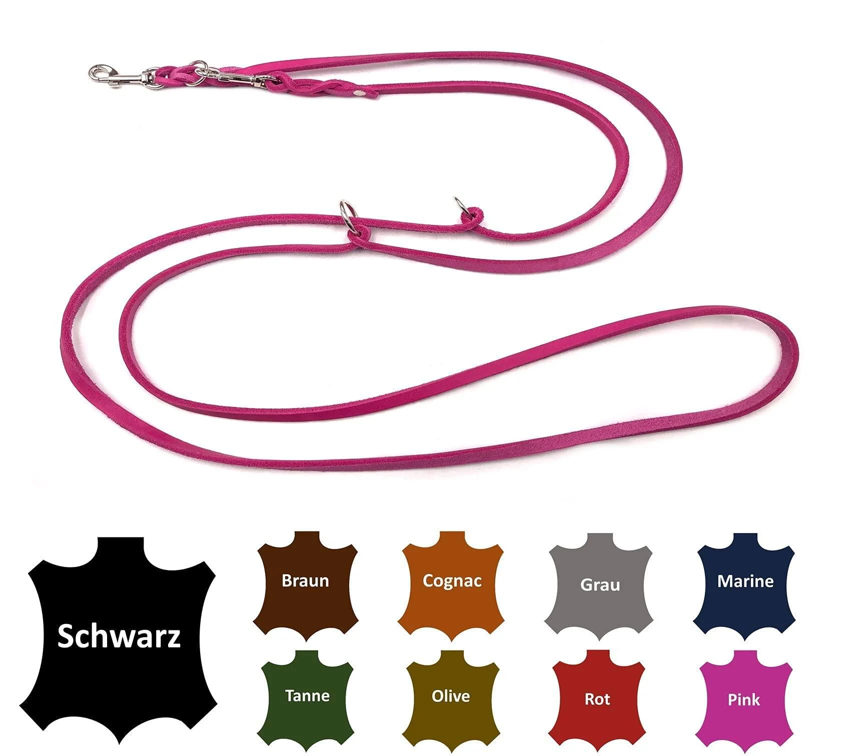 Dog leash fat leather small dogs/large dogs 2m / 2.40m / 2.80m / 3.50m / 5m double leash adjustable (2m X 8mm Pink) 2m X 8mm Pink - elropet
