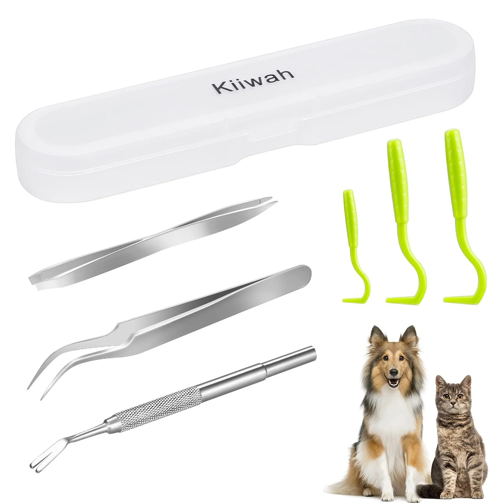 Kiiwah 6pcs Tick Remover for Humans Pets Tick Removal Tool Set with Storage Box Stainless Steel Tick Tweezers and Plastic Tick Hook for Men Dogs Cats