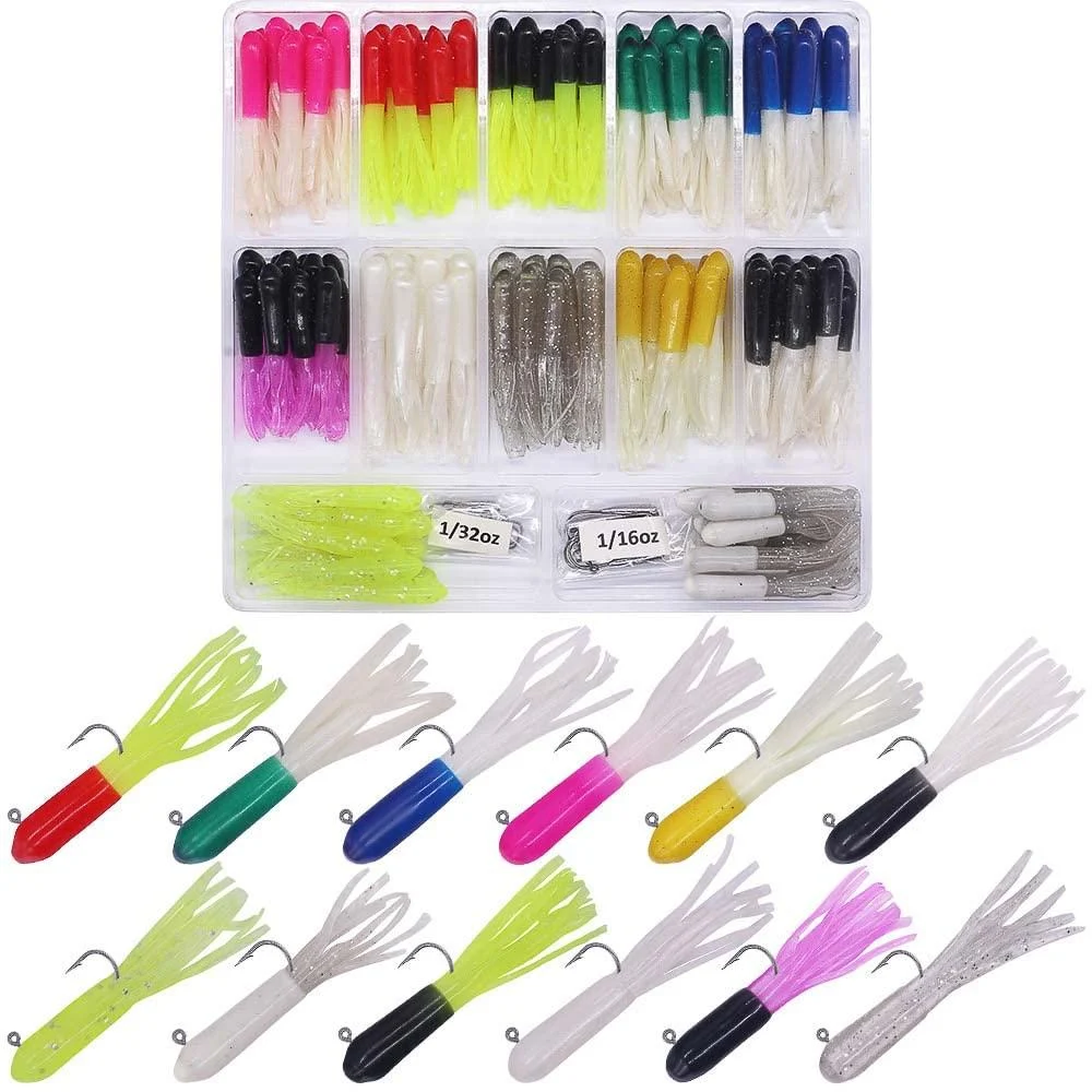 Tube Bait Crappie Lures Tube Jigs Heads Panfish Kit Crappie Bait Fishing Lure Gear Small Soft Plastic Worm Baits for Freshwater Pan Fish Trout Tackle Set Bluegill 130 Piece Kits 120 Bodies 10 Jigheads - XFISHMAN