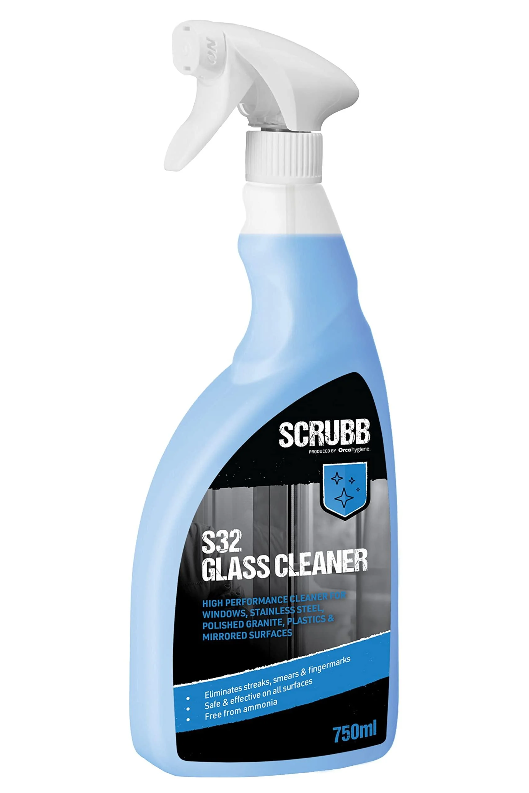 SCRUBB S32 Glass Cleaner For Windows Stainless Steel Polished Granite Plastics & Mirrored Surfaces 750ml Trigger Spray