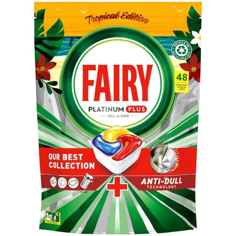 Fairry All-in-One Platinum Plus 48pk - Tropical Edition - Fairry Platinum Plus Dishwasher Capsules With Three Liquid Chambers Dissolve Fast Even In Lower Temperatures.