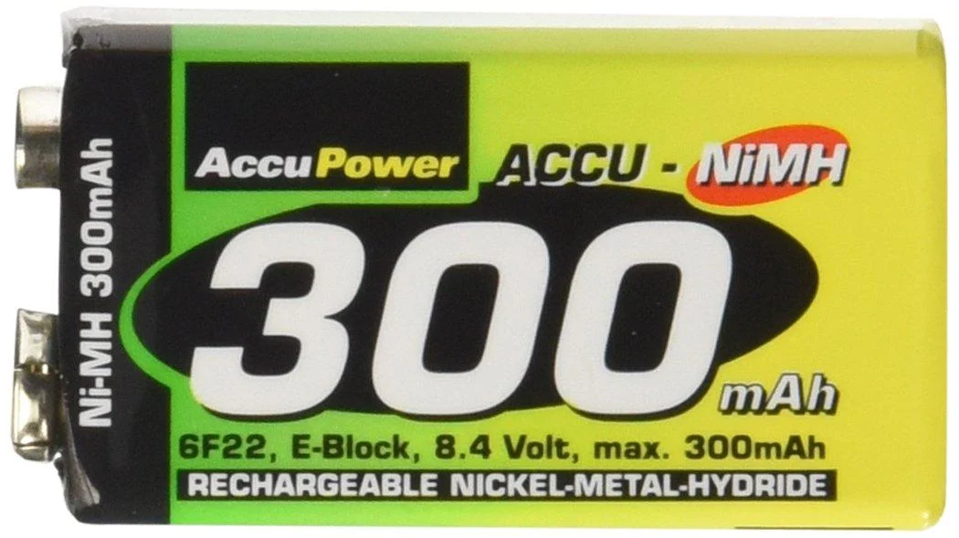 9 Volt 300 mAh Rechargeable NiMH Battery PP3 - AccuPower