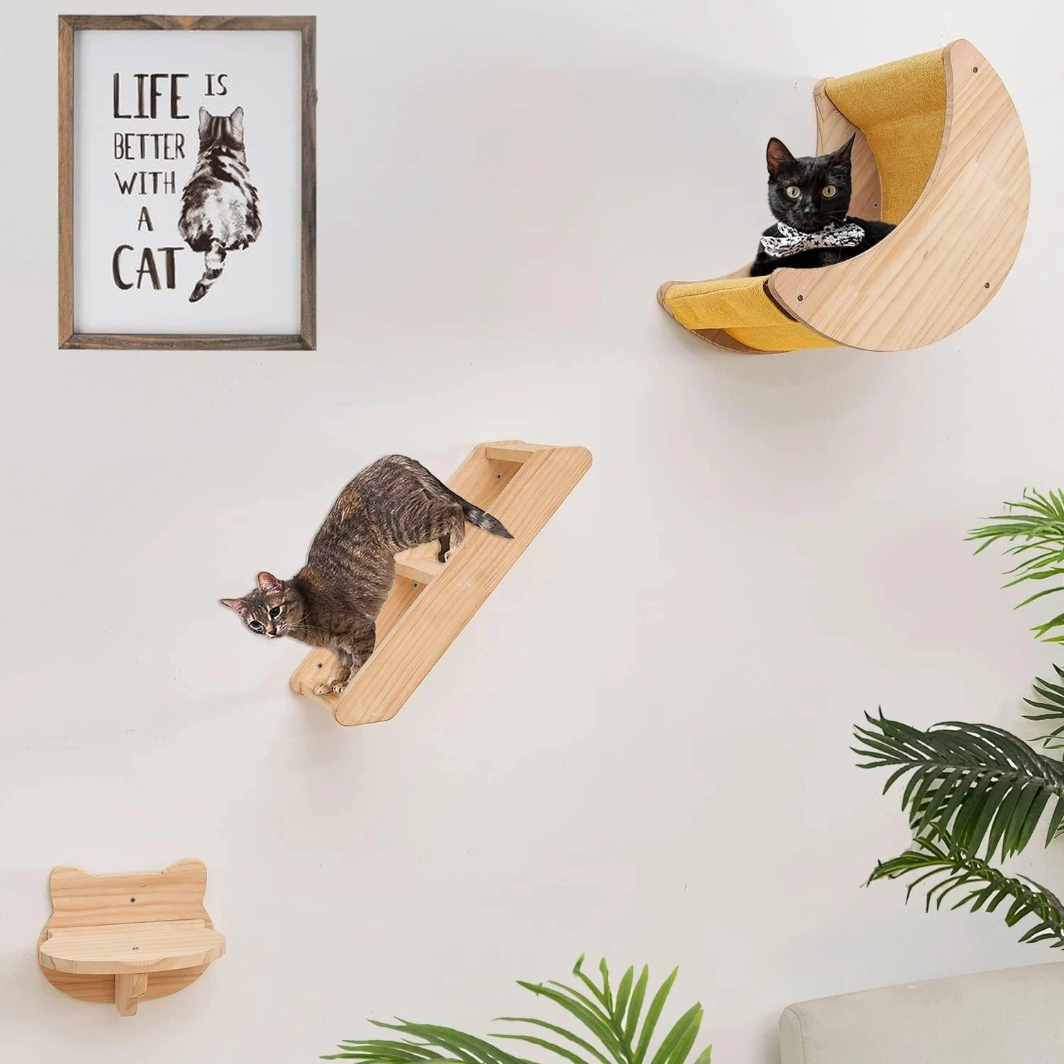 Cat Shelf for Wall Hammock Climbing Shelves and Perches Solid Wood Cat Steps for Activity Indoor Cats Wall Furniture Moon Hammock set - HAPYKITYS