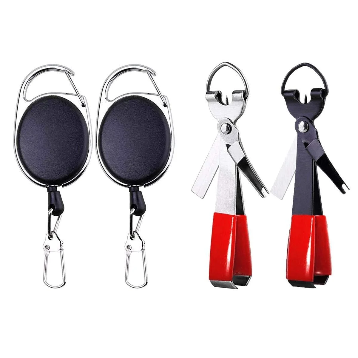 HiBD Fishing Quick Knot Tying Tool Stainless Steel 4 in 1 Tool Including Quick Knot Knotter Fly Line Clippers Hook Sharpener Hook Eye Needle with Zinger Retractor 2sets(Silver body red grips + Black body red grips)