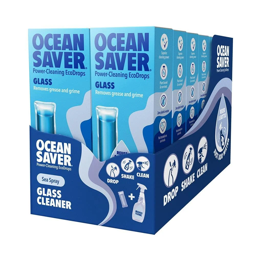 OceanSaver Eco Glass Cleaning Spray - 12x 750ml Refills | Powerful Just Add Water Glass Mirror & Window Cleaner for Streak-Free Shine | Plant Based Plastic-Free & Cruelty-Free | Sea Spray Scent