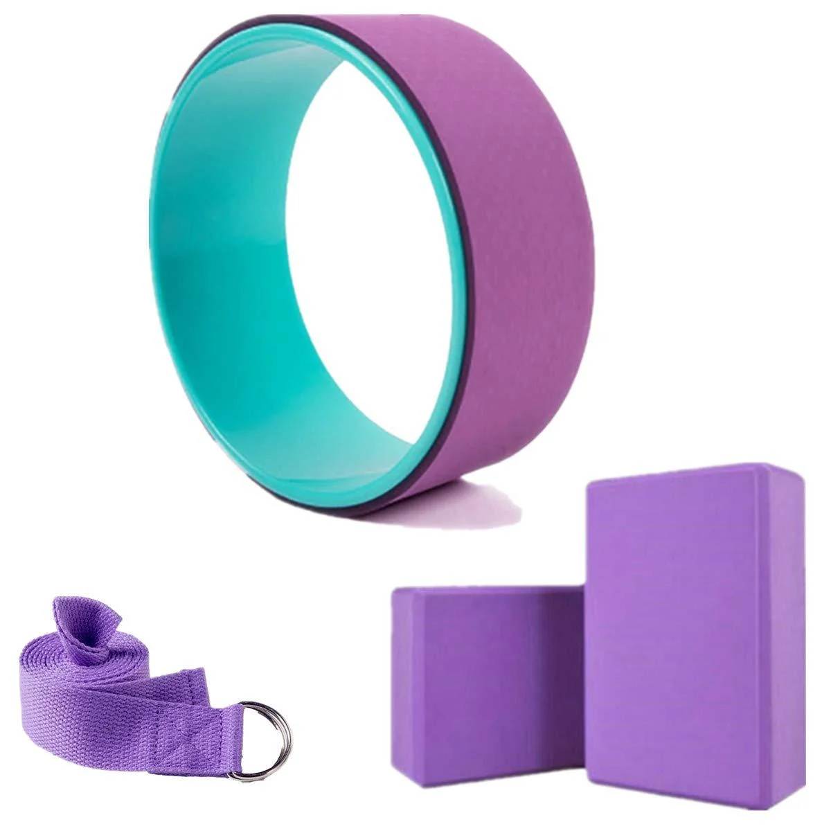 KuFit Yoga Fitness Wheel & 2 pcs Blocks & 1 pcs Yoga Strap Combo Value Pack-Purple