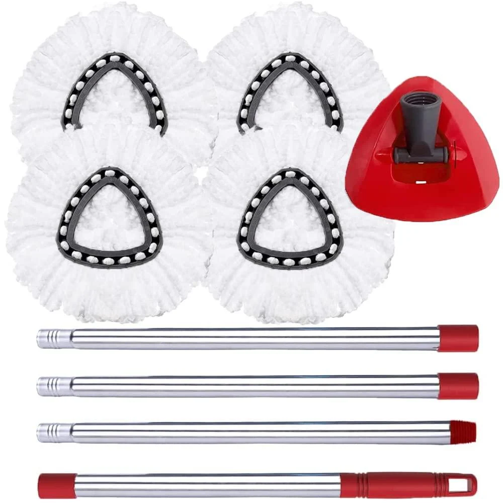 ANREKEYH Spin Mop Replace Head, Base, Handle Compatible with O Cedar EasyWring Microfiber Spin Mop, 4 Mop Refills Replacement Heads, 30-58in Mop Handle and 1 Mop Base Combo Set (White (1-Tank System))