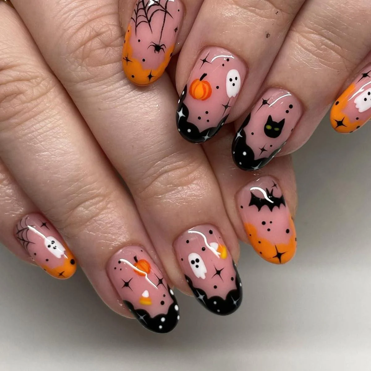Halloween Press on Nails Short Almond French Tip Fake Nails Full Cover False Nails with Cute Ghost Bat Designs Spider Web Pumpkin Acrylic Nails Halloween Glue on Nails for Women Girls 4 - FUKIDOG