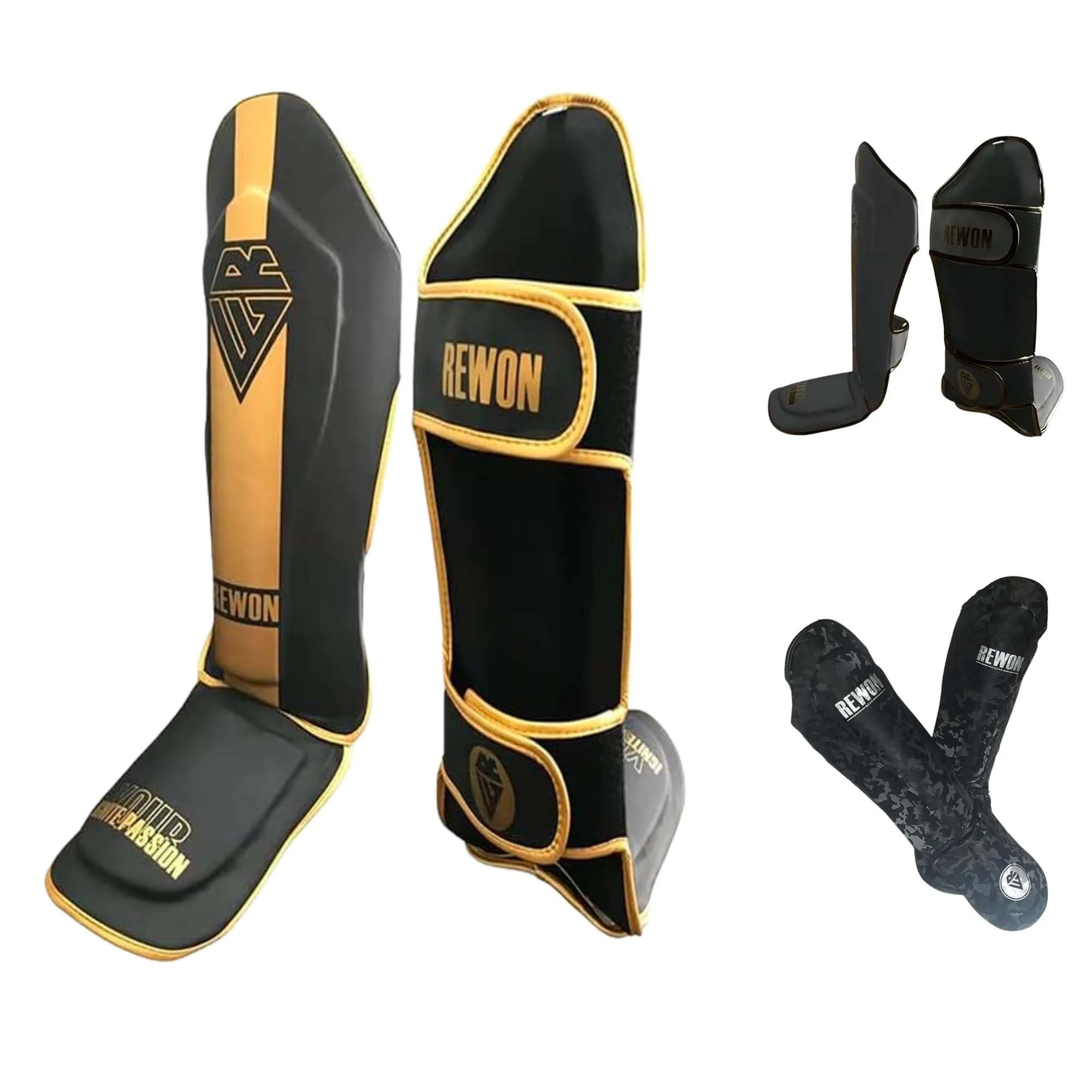 Rewon shin protector boxes shineshonen mma martial arts shin protection excited for sparring kickboxing karate l-xl black / gold