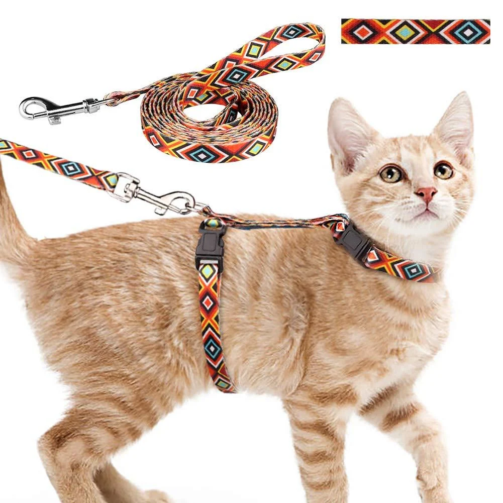 Cat Harness and Leash Set Geometric Pattern Escape Proof Adjustable for Kitty Outdoor Walking Orange - Hinialver