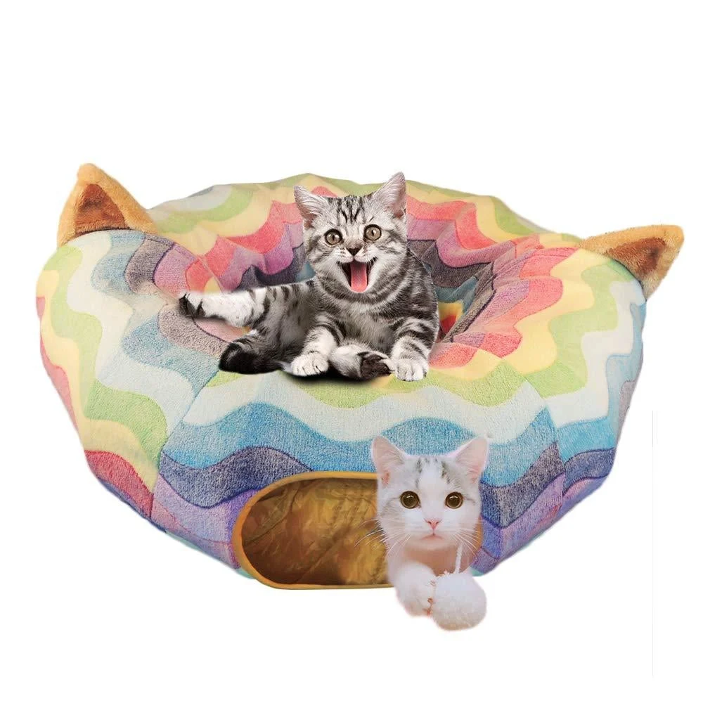 HOMEYA Cat Dog Tunnel Bed with Mat, Collapsible 3 Way Cat Tube Condo Play Toy with Peek Hole Fun Ball Indoor Outdoor Interactive Hideout Exercising House Toys for Pet Kittens Kitty Multi-colored Full-Moon