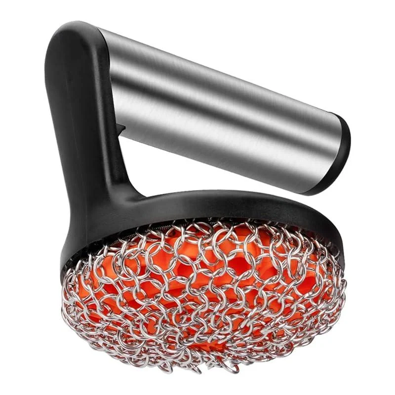 Pteanecay Cast Iron Scrubber with Handle Stainless Steel Chainmail Cleaner for Pans and Skillets - Cast Iron Cookware Ovens