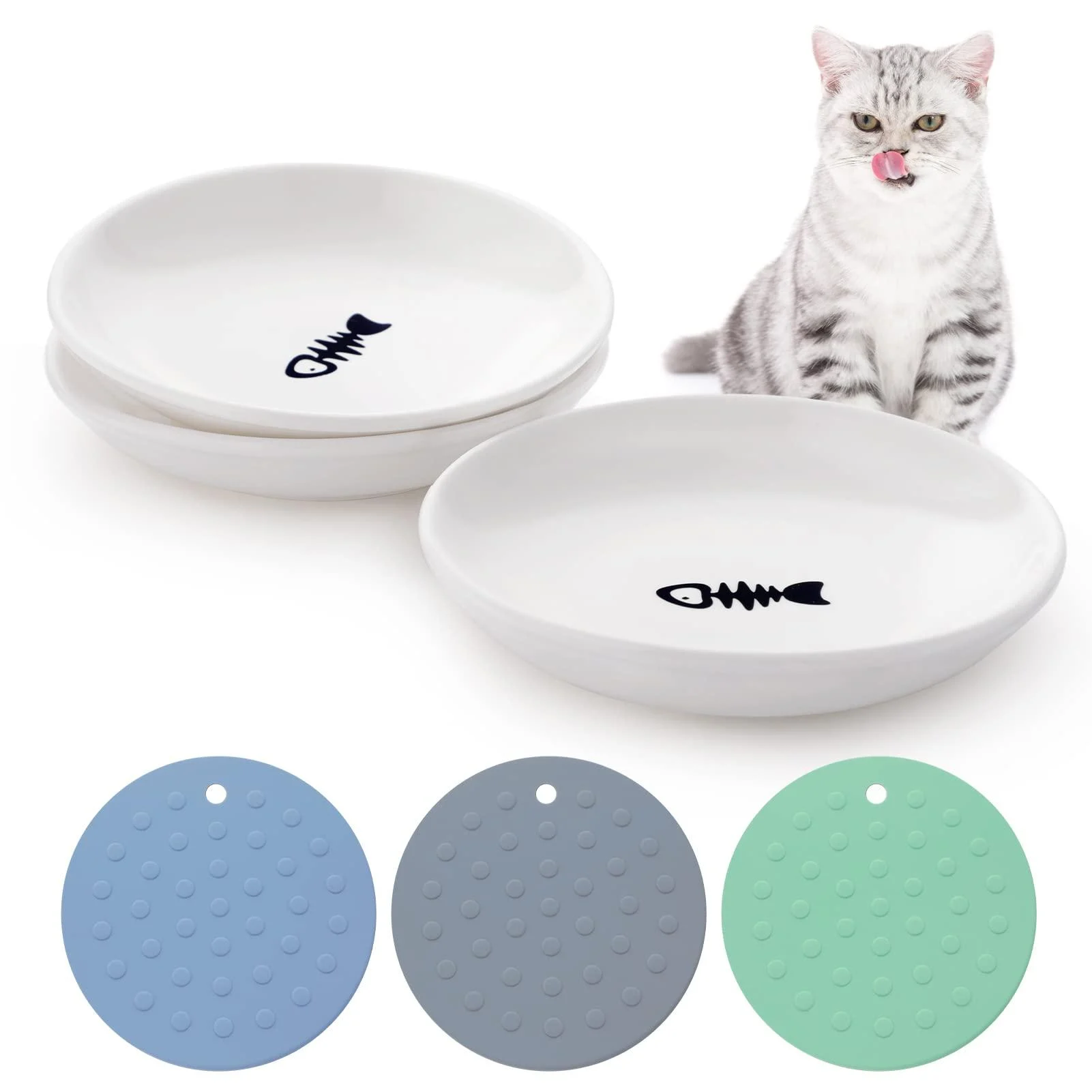 Dorakitten Ceramic Cat Food Plates: Cat Wet Food Bowls Cat Feeding Wide Bowls to Stress Relief of Whisker Fatigue Cat Dishes Shallow Bowls for Kittens and Small Animals with Non-Slip Mat 3 Fish bone