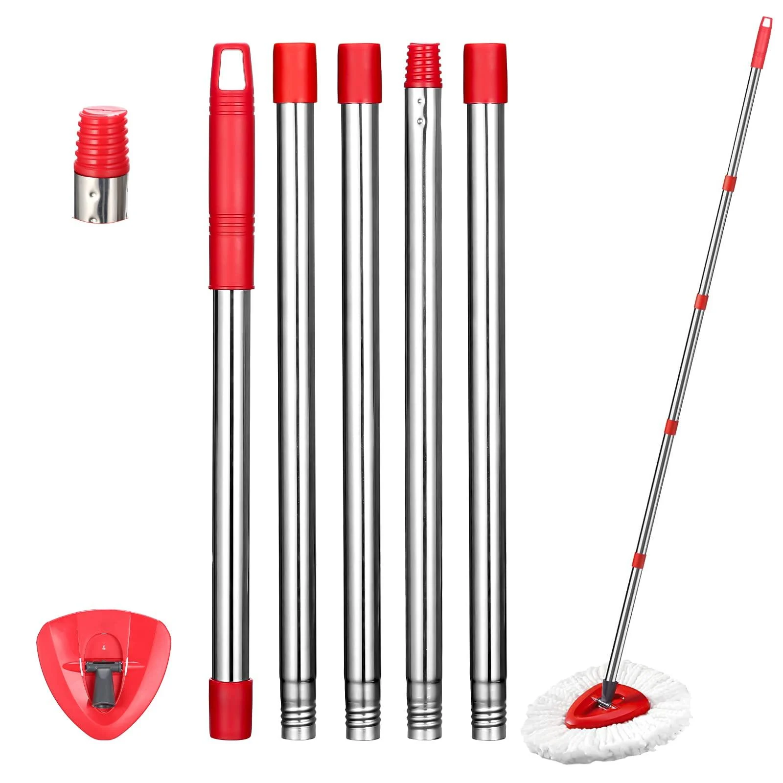5 Sections Spin Mop Replacement Handle Set, 2.5-6 FT Mop Replacement Head Handle with 1 Mop Base, Compatible with O-Cedar Spin Mop for Floor Cleaning (Red - American Screw Thread)