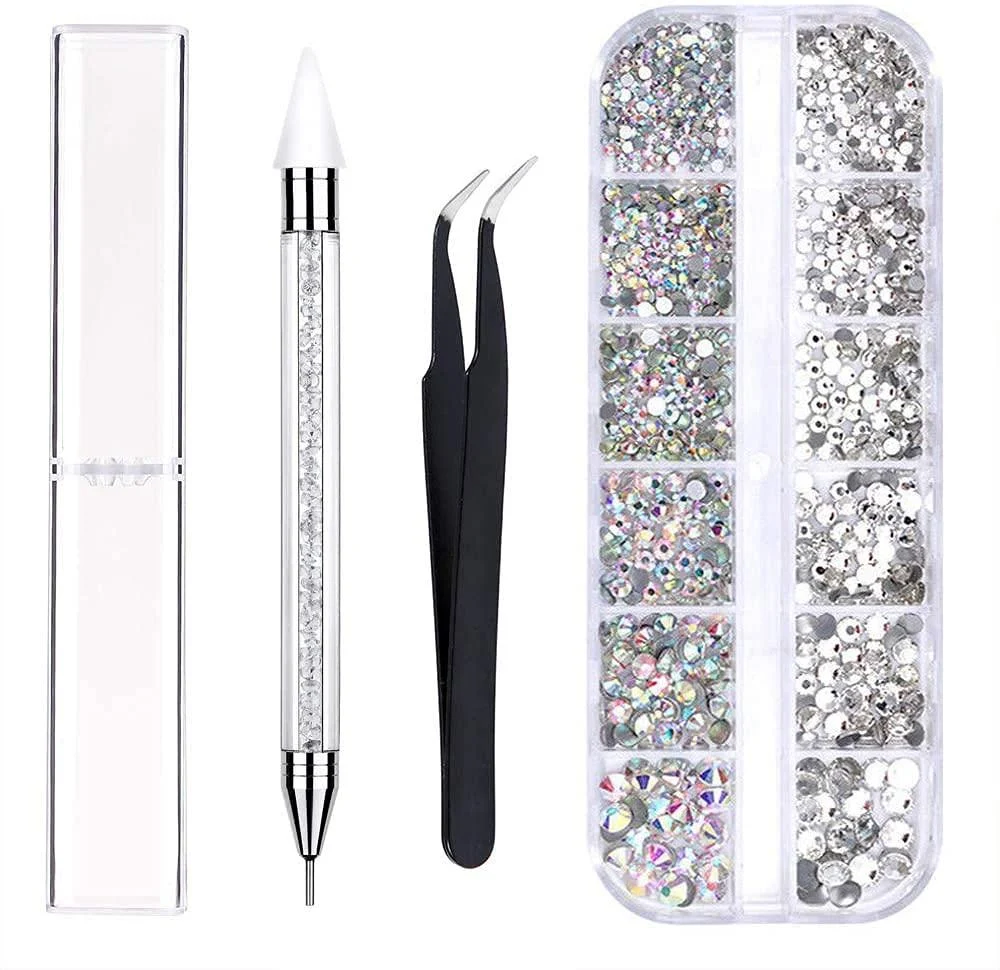 Alminionary Crystals AB Nail Art Rhinestones Decorations Nail Stones for Nail Art Supplies in 6 Sizes Flat Back Gems with Pick Up Tweezers and Rhinestone Picker Dotting Pen Nail Art Tools for Nails Clothes Face Craft...