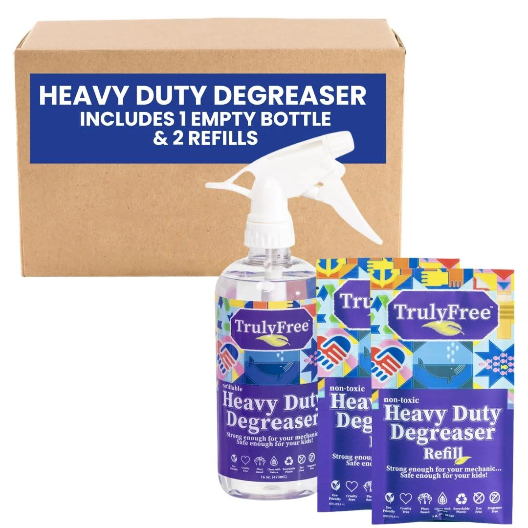 Truly Free Heavy Duty Degreaser- Grease Remover & Grime Cleaner for Kitchen Automotive & More Household Cleaning Supplies Fragrance-Free Includes 16 oz Reusable Empty Bottle & 2 Refills (4 oz) Starter Kit