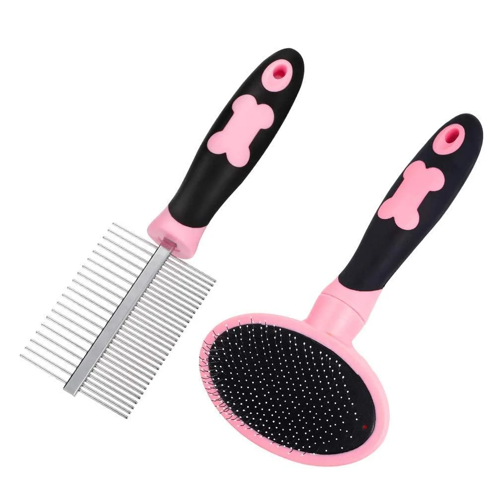 tonyg-p Dog Grooming Brush Comb Kit Soft Slicker Brush + Double Sided Grooming Comb for Small Medium Large Pets with Long Hair(Pink)