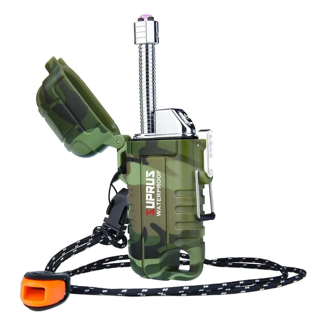 SUPRUS Waterproof Lighter Windproof Lighter Arc Plasma Lighters USB-C Rechargeable with Expandable and Flexible Neck for Outdoor(Camouflage)