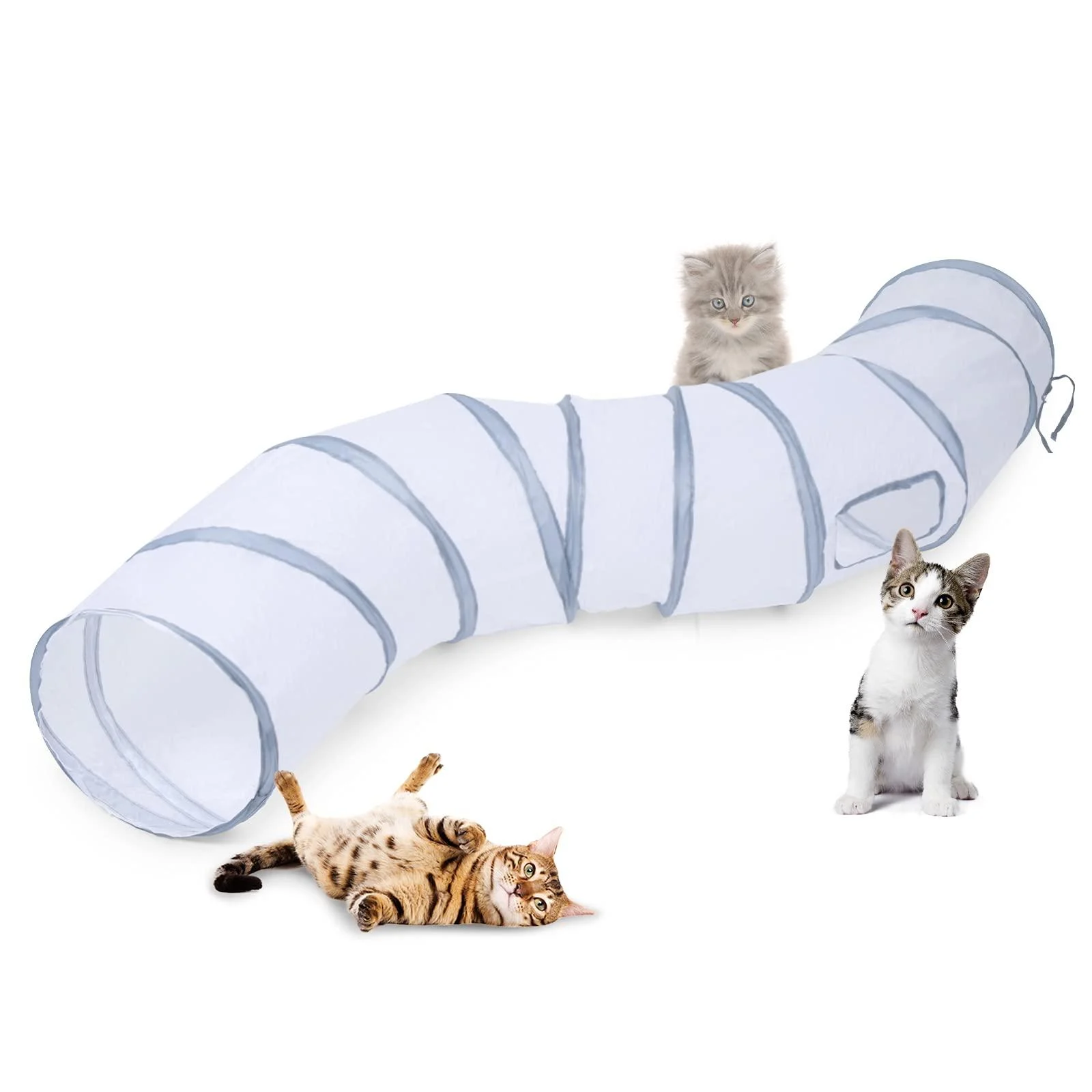 Sheldamy S-5/4 Way 3/4 Way Cat Tunnels for Indoor Cats, Collapsible Cat Play Tunnel, Interactive Toy Maze Cat House with 1 Play Ball for Cats, Puppy, Kitty, Kitten, Rabbit S-2 Way White & Grey