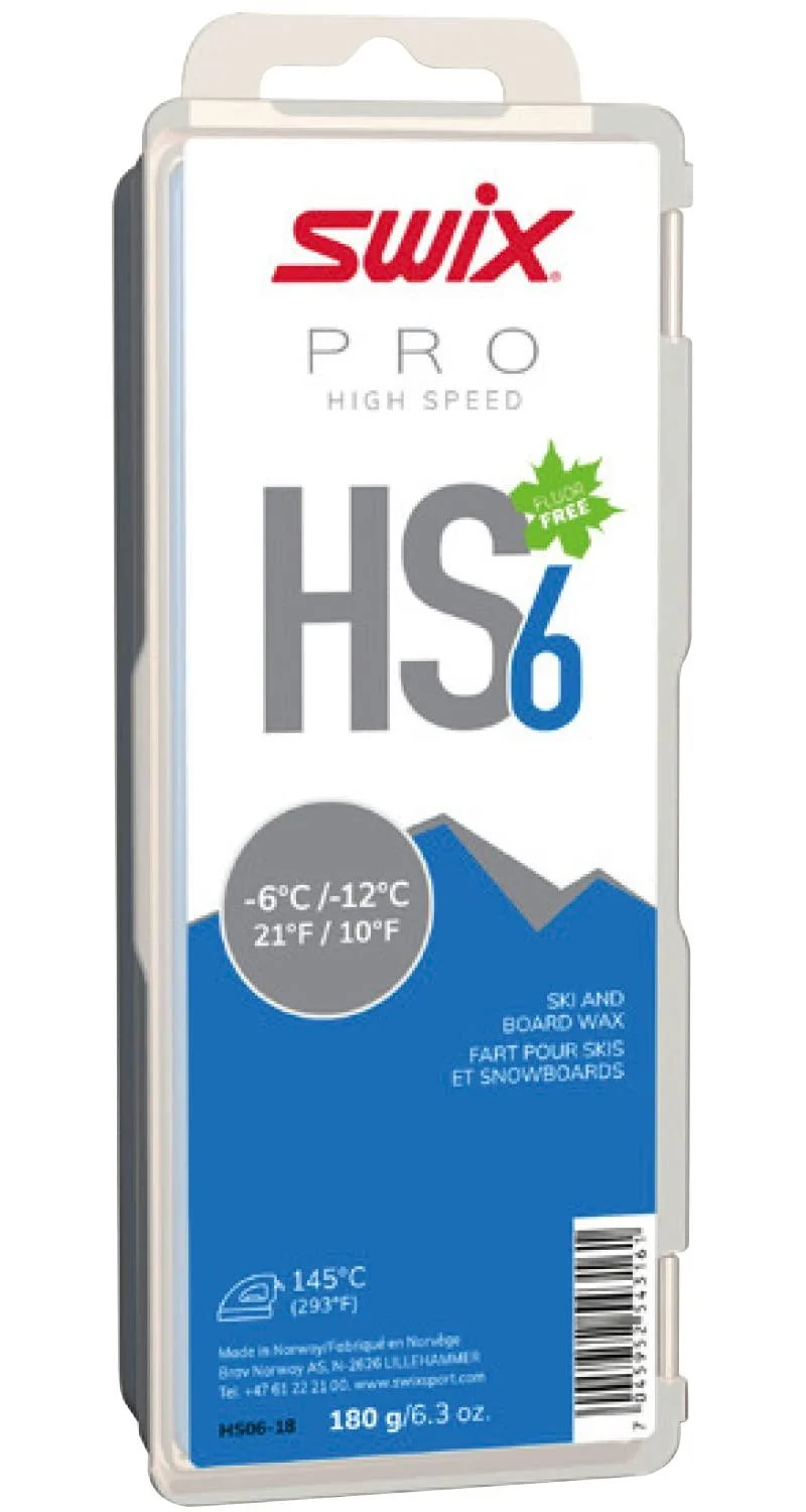 Swix HS06-18 - HIGH Speed Wax - HS6 Blue - 10 to 21 Degrees Fahrenheit - 180g Bar - Fluoro Free - Ski or Snowboard - FIS Approved