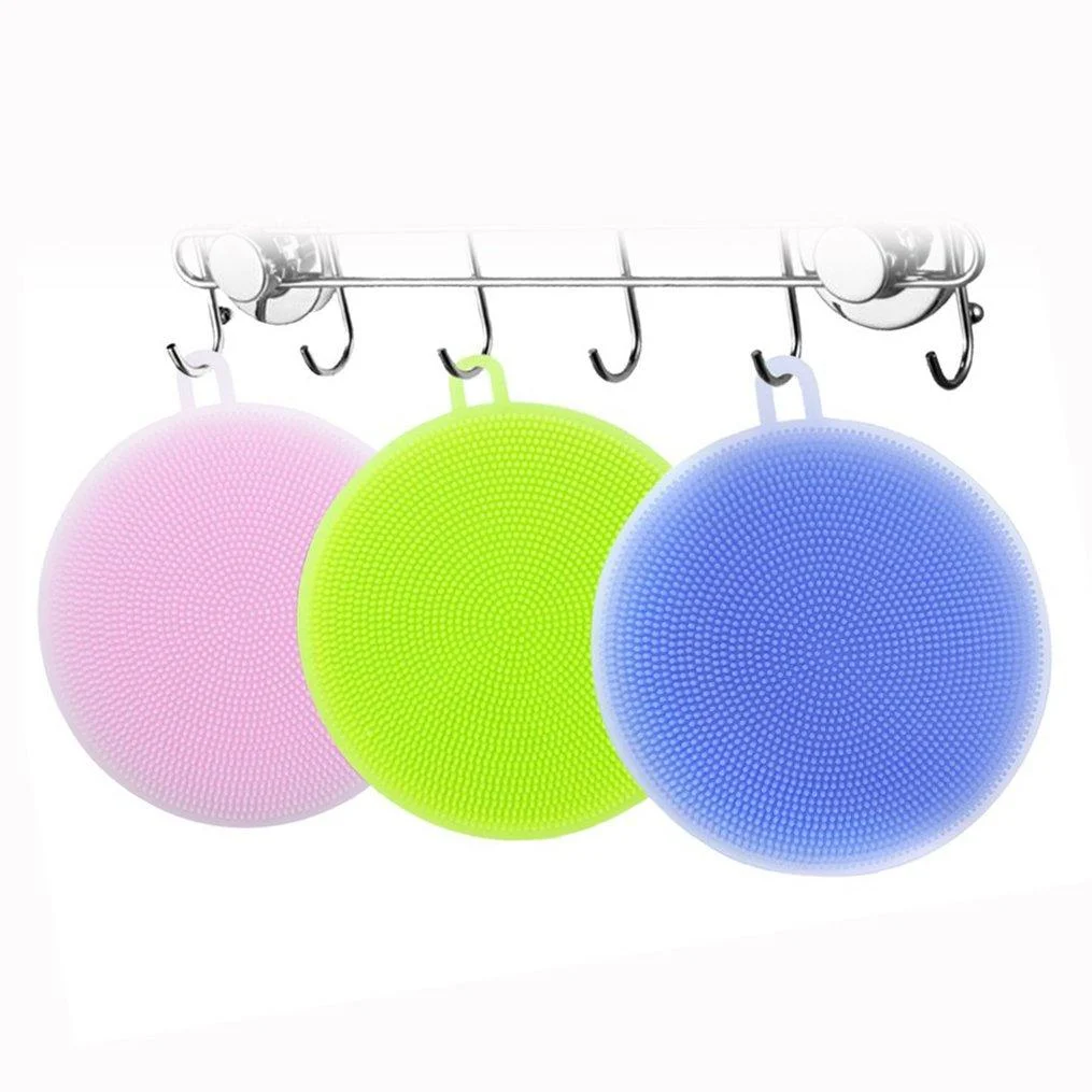 OFKPO Food-Grade Round Antibacterial Silicone Sponge Dish Scrubber Dishwashing Cleaning Brush Sponge Scrubber Kitchen Cleaning Tools(3 PCS)