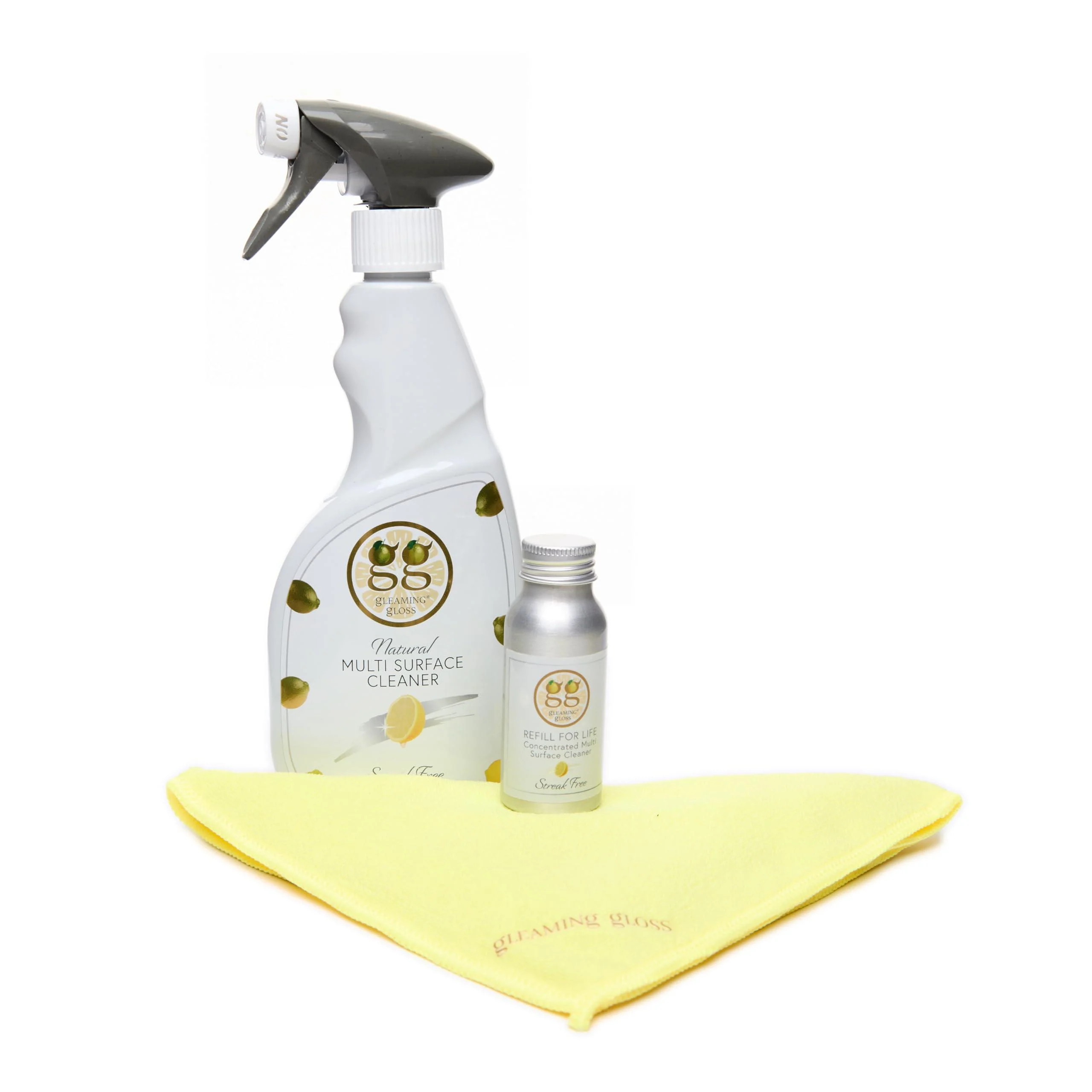Gleaming Gloss Starter Pack Lemon scent all natural multi-surface cleaner includes 1 bottle for Eternity 1 Original concentrated solution 1 microfibre cloth vegan cruelty-free kid pet friendly