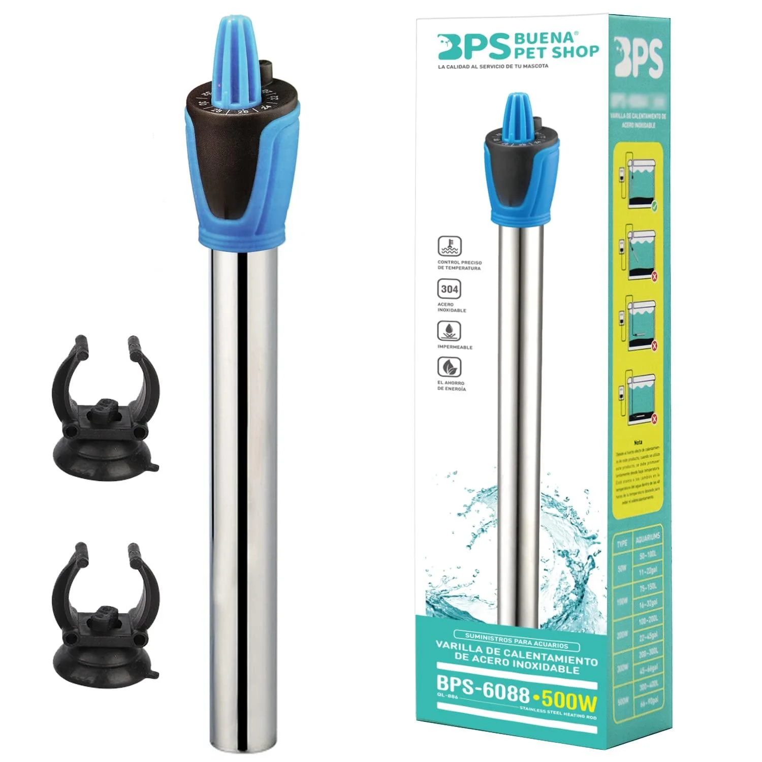BPS BPS-6087 Underwater Aquarium Heater 300 W Stainless Steel 32 cm with 2 Suction Cups