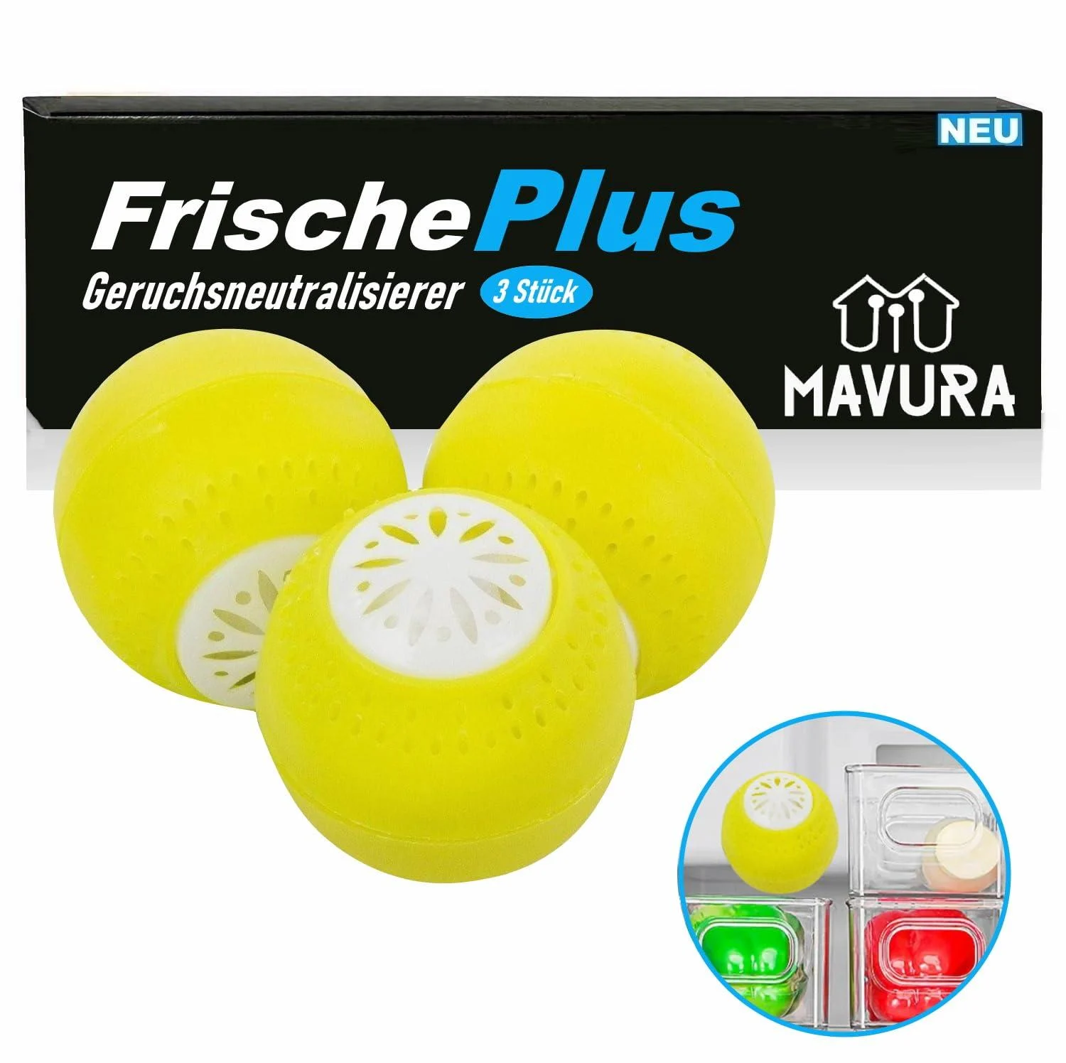 FrischePlus Natural Odor Neutralizer Refrigerator Balls Activated Carbon Odor Remover Set of 3 - ?MAVURA