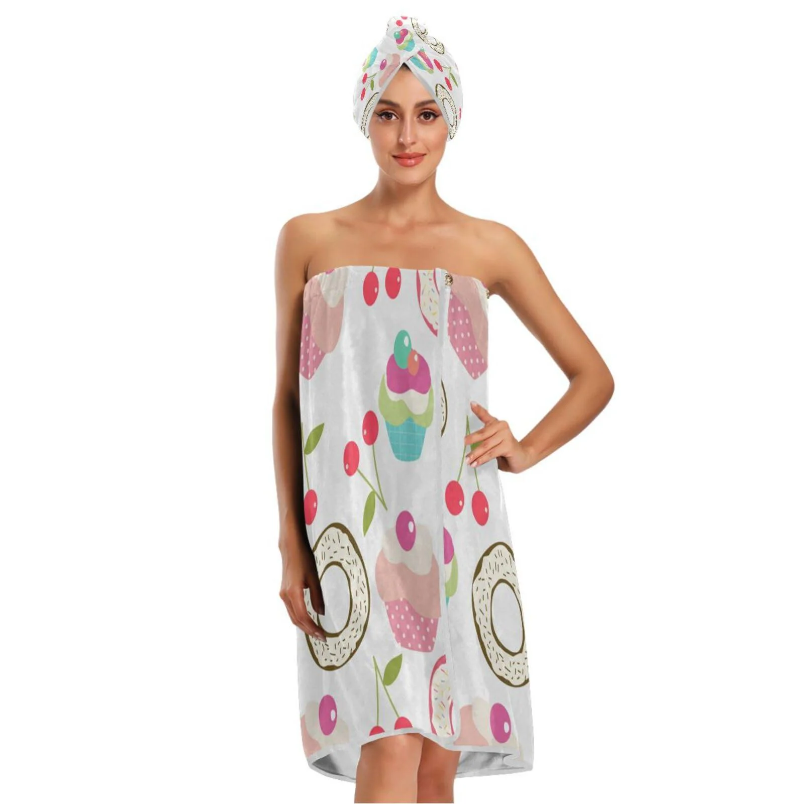 spa towel wrap women Set of 3 Cartoon Cute Cake Cherry Adjustable Closure fast dry body wrap for spa for (User) (Scenario) (Scenario) - Amooorous