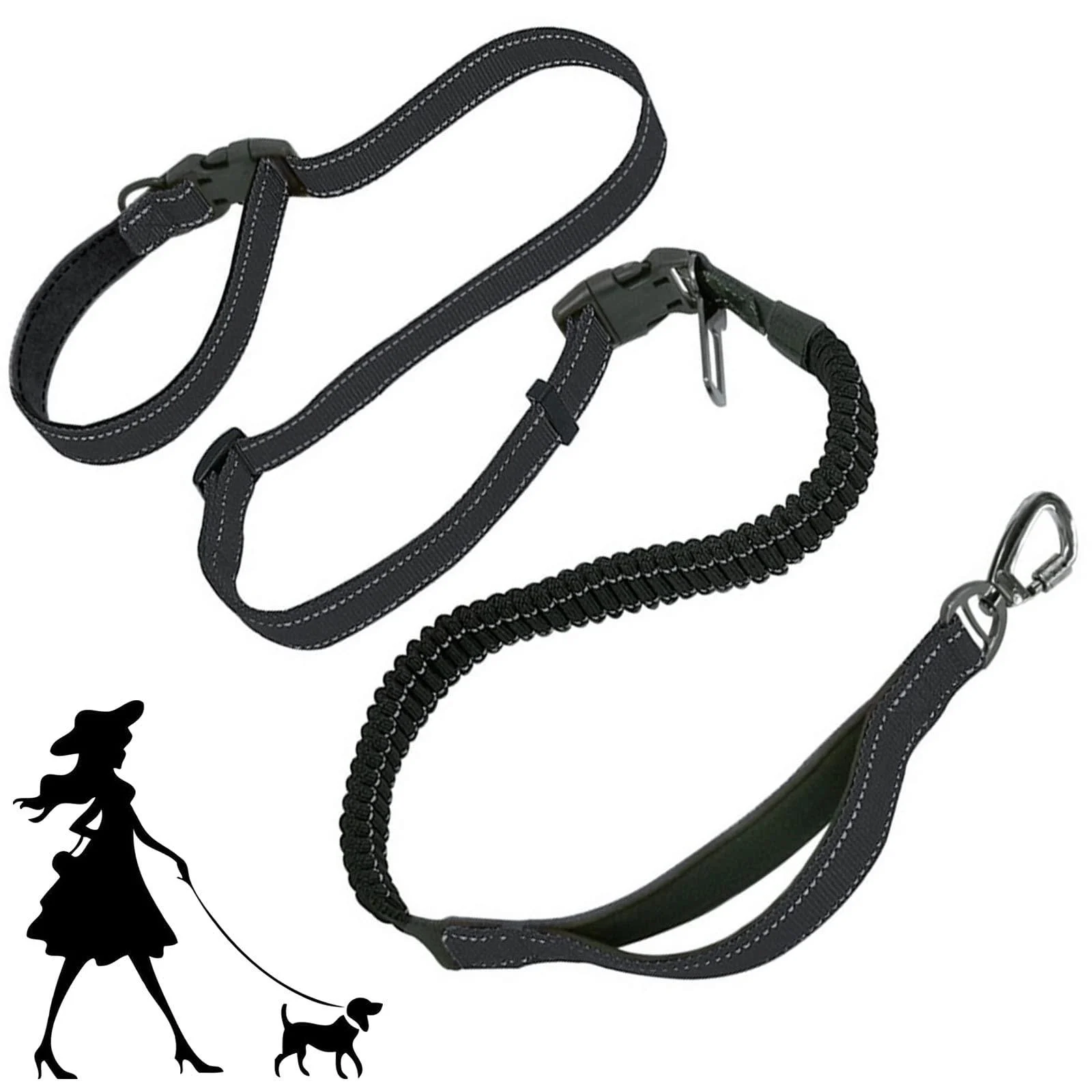 YankMooM 6-in-1 Hands Free Dog Leash with Reflective Reflective line for Running Hiking Walking Training Driving Adjustable Dog Lead Suitable for Large Dogs (5-8 ft) Black