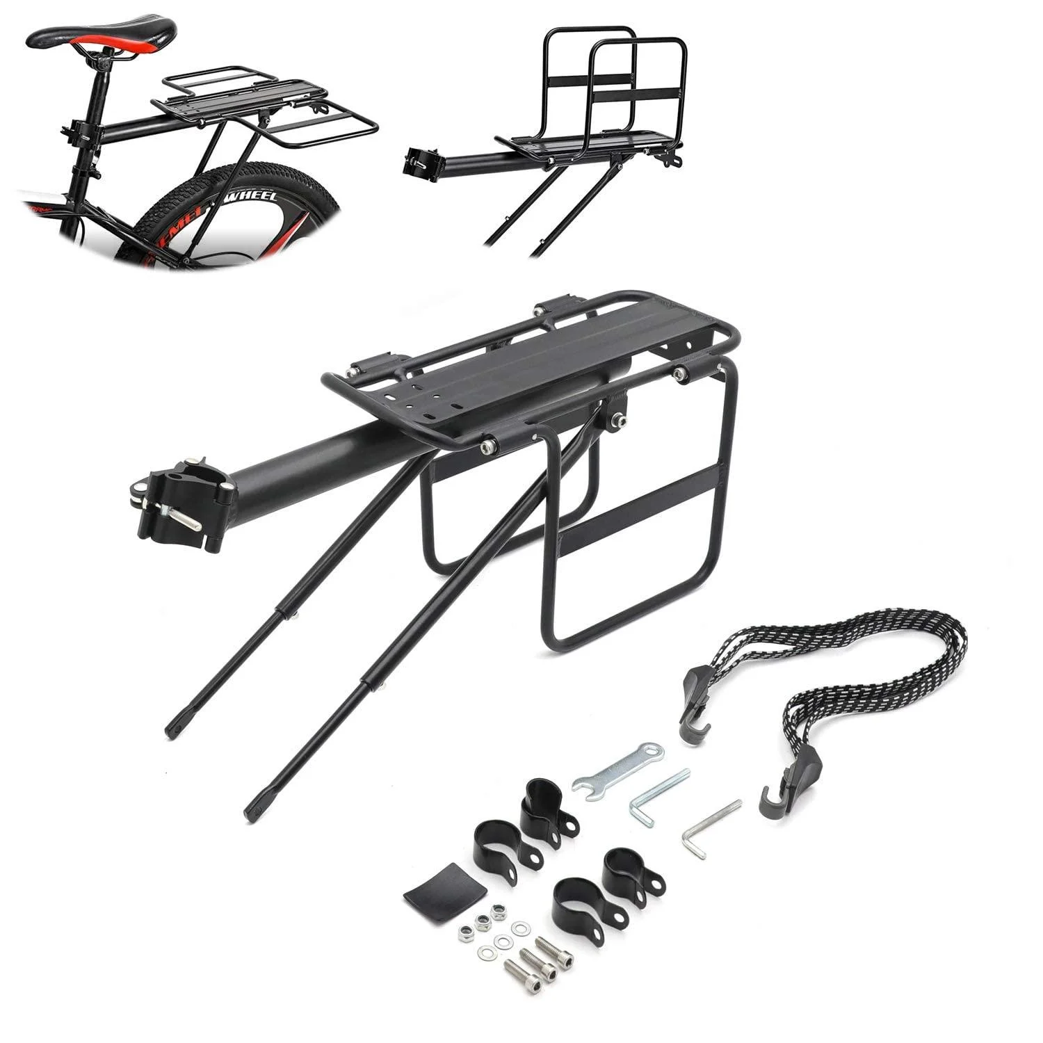 HTTMT- Bicycle Rear Rack Fender Luggage Rack Seat w/metal adjustable side wing P/N: ET-BIKE-RACK004-BK 004: w/ side wing