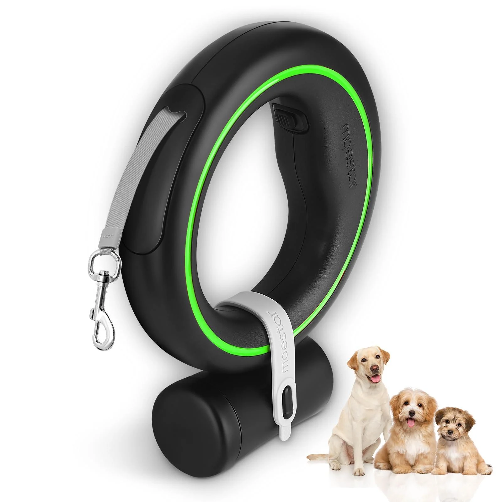 Moestar dog leasic with faecal bag roller leash small dogs slightly handy handle insertable dog leash 3m for medium small dogs (black/green)