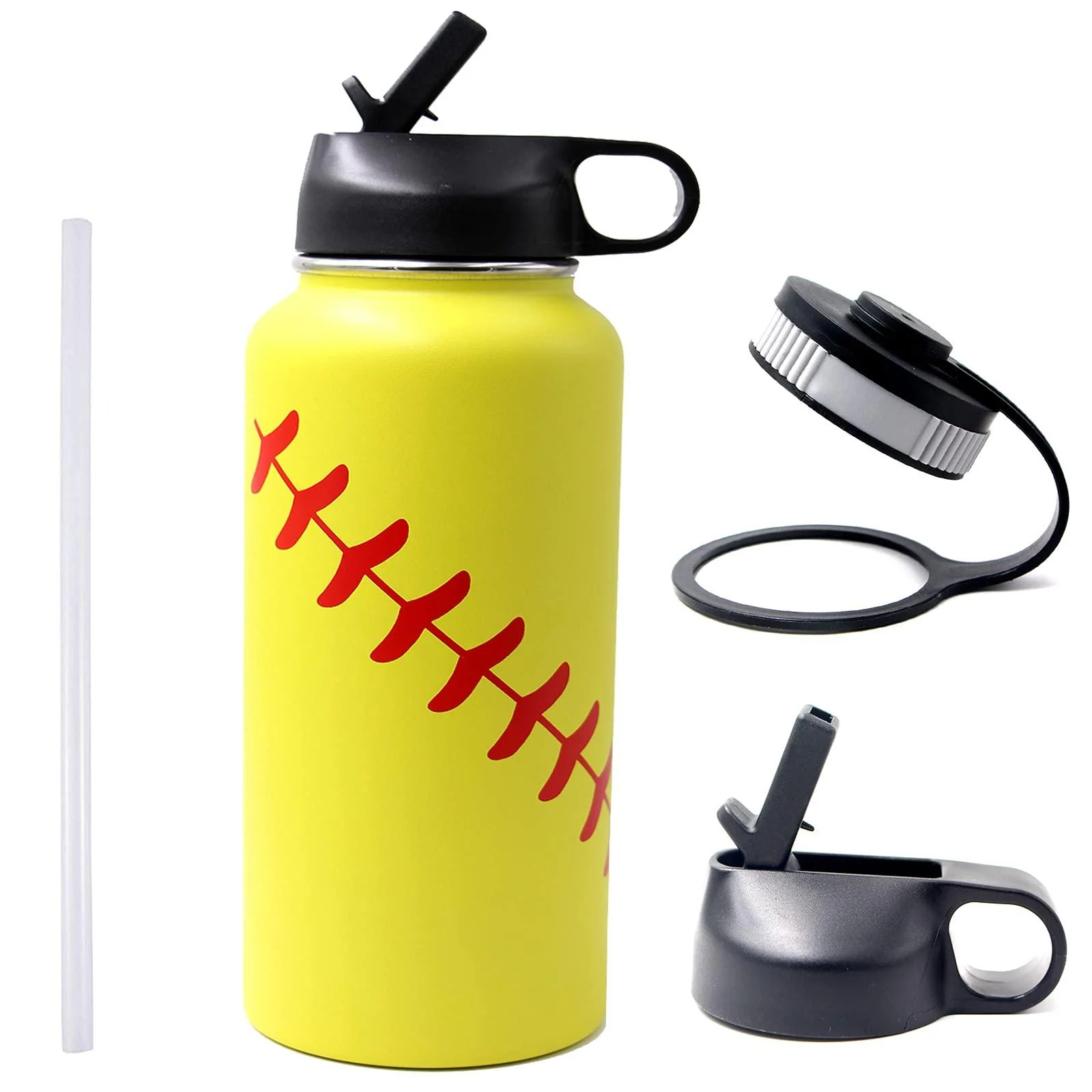 Gloryc 32oz Wide Mouth Tumbler Cup with Two Lids,Softball 18/8 Stainless Steel Vacuum Insulated, Travel Mug for Coach Men Mom Friends( Yellow) Yellow 3 Piece Set