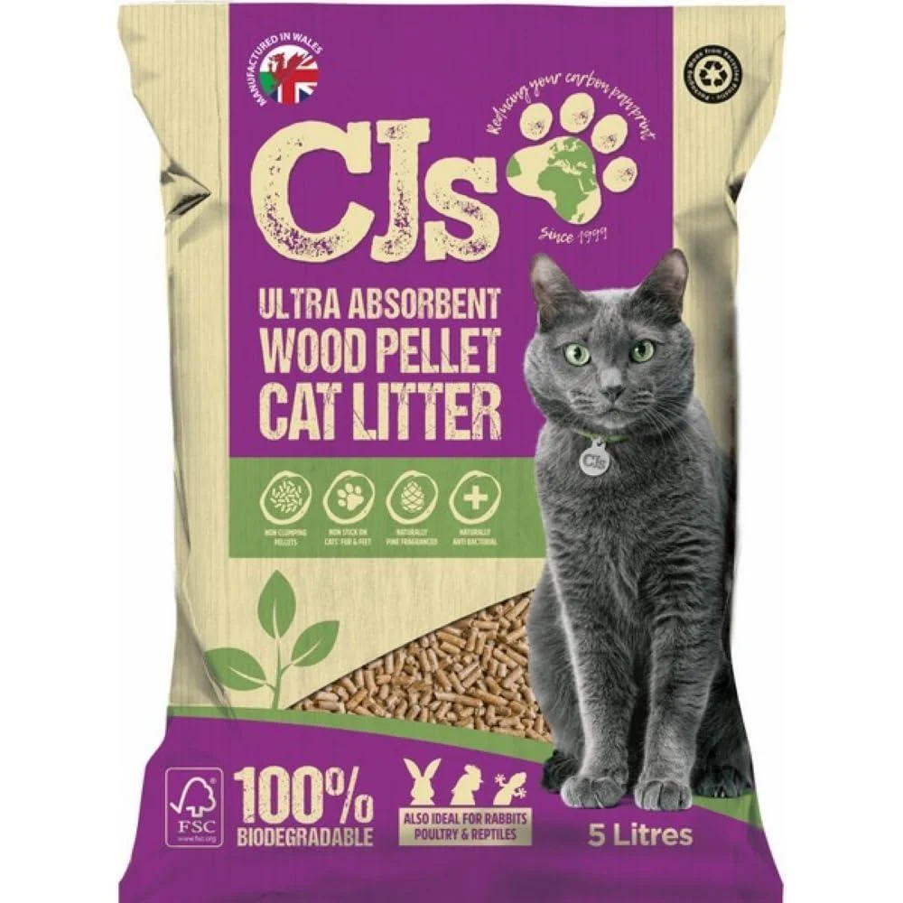 Cj's Premuim Cat Litter Ultra Absorbent Wood Pellets Non Clumping Biodegradable Natural Litter for Cats Rabbits Poultry and Reptiles - 5L