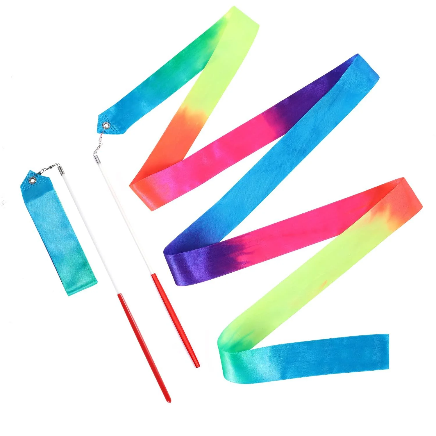 KINBOM 2pcs Dance Ribbons, 2m Kids Long Gymnastics Ribbon Twirling Ribbons Dancing Ribbon Streamers for Artistic Dance Training Party, with Ribbon Dancer Wand (Rainbow)