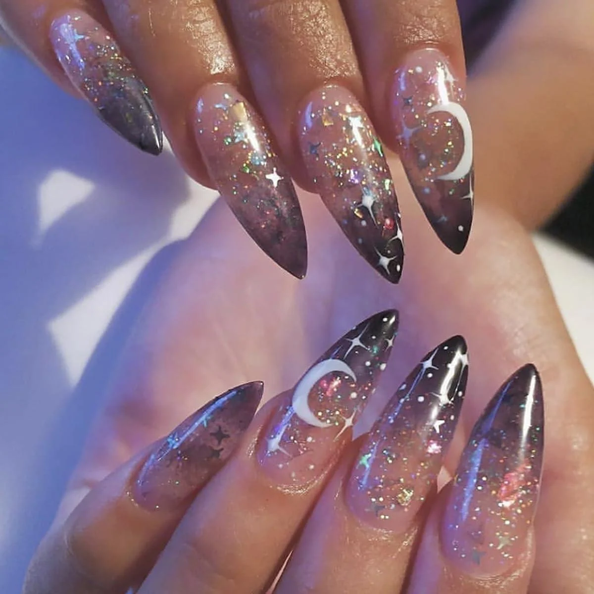 24 Pcs Halloween French Tip Press on Nails Long Stiletto Almond - SHANRUN Sequins Acrylic Fake Nails Press ons Gel X Nail Tips Art Glue on Nails Full Cover Black Ombre False Nail with Stick Jelly Glue Design S5