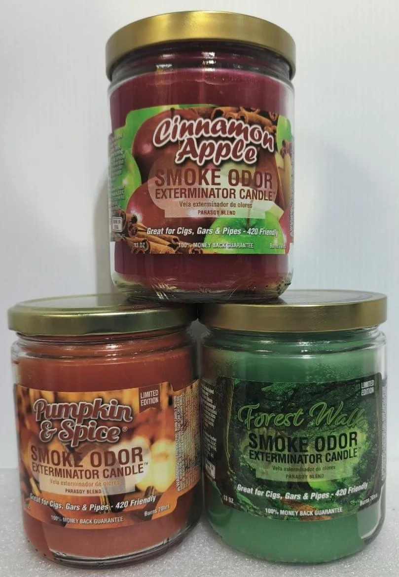 Smoke Odor Exterminator 13 oz Jar Candles Cinnamon Apple Assortment (3) Includes Cinnamon Apple Pumpkin & Spice and Forest Walk.