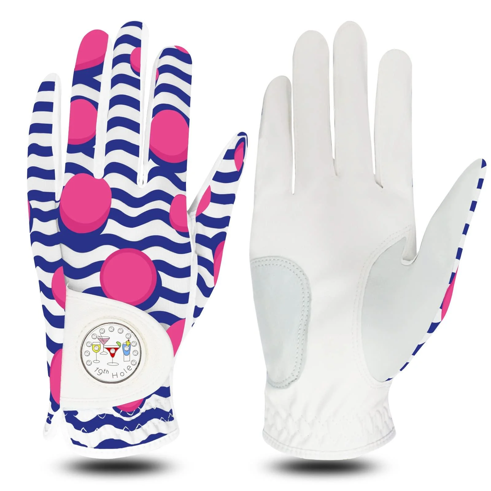 FINGER TEN Golf Gloves Women Left Right Hand Leather with Bling Ball Marker Value Pack Colored Glove for Right Left Handed Golfer All Weather Grip Full-Blue&Pink Medium Left